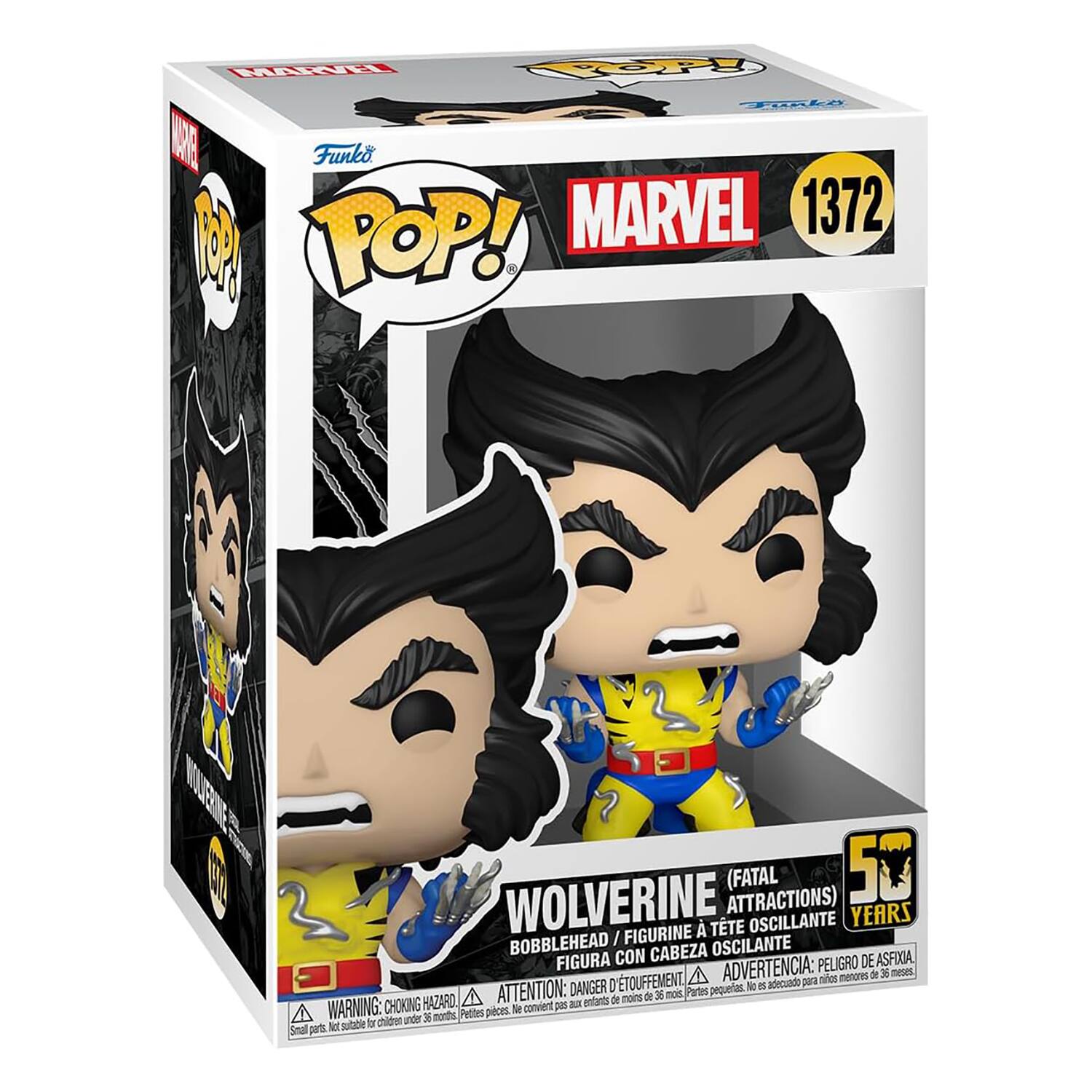 PIUI  TOREH E Funko MARVEL 1372 M POP! MUEEE WOLVERINE ATTRACTIONS) (FATAL 50 TTE OSCILLANTE YEARS / FIGURINE  BOBBLEHEAD CABEZA OSCILANTE FIGURA CON PELIGRO DE ASFIXIA, D'TOUFFEMENT, A ADVERTENCIA: p sires menores de 3 meses DANGER pequeras No n adecuado HAZARD A ATTENTION: a entants de moins de 36 mois Pates A WARNING: CHOKING Pyttes pieces N conviert H chiden under D6 monts R subtie i Smal parts