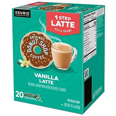 KEURIG GENUINE  
K-CUP PODS  

1 STEP LATTE  
RICH & CREAMY  

THE ORIGINAL DONUT SHOP COFFEE  
VANILLA LATTE  
NATURAL FLAVOR WITH OTHER NATURAL FLAVORS  

20 RECYCLABLE PODS  

BEVERAGE MIX  
NET WT 14 OZ (418g)  

Nutrition Facts  
Serving Size 1 Pod  
Servings Per Container 20  

Calories 100  

KEURIG GENUINE K-CUP PODS