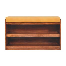 Artisan Furniture - Solid Wood Buffalo Hide Pull out Honey Caramel Shoe Storage Bench - Brown and Yellow