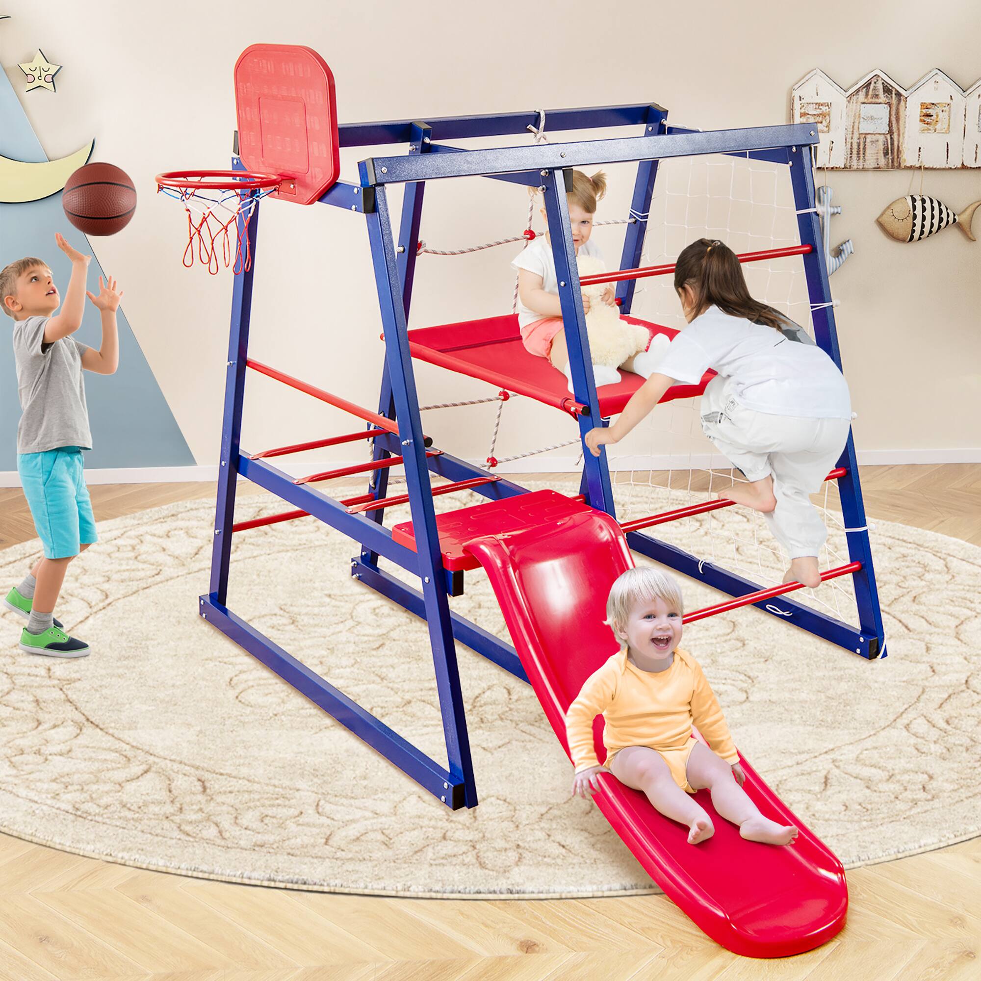 Alt View 5. Gymax - Gymax 7-In-1 Kids Indoor Playground w/ Slide Climbing Net Crowling Ladder Rope Ladder - Red, Blue.