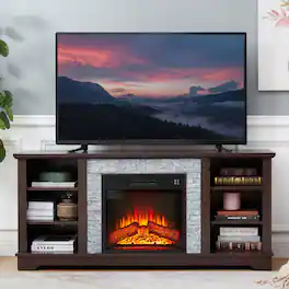 Chateau Abodes - 58" Mantel Electric Fireplace, Stone TV Stand with Faux Stacked Stone, Open Storage & 18" Fireplace Insert - Cherry