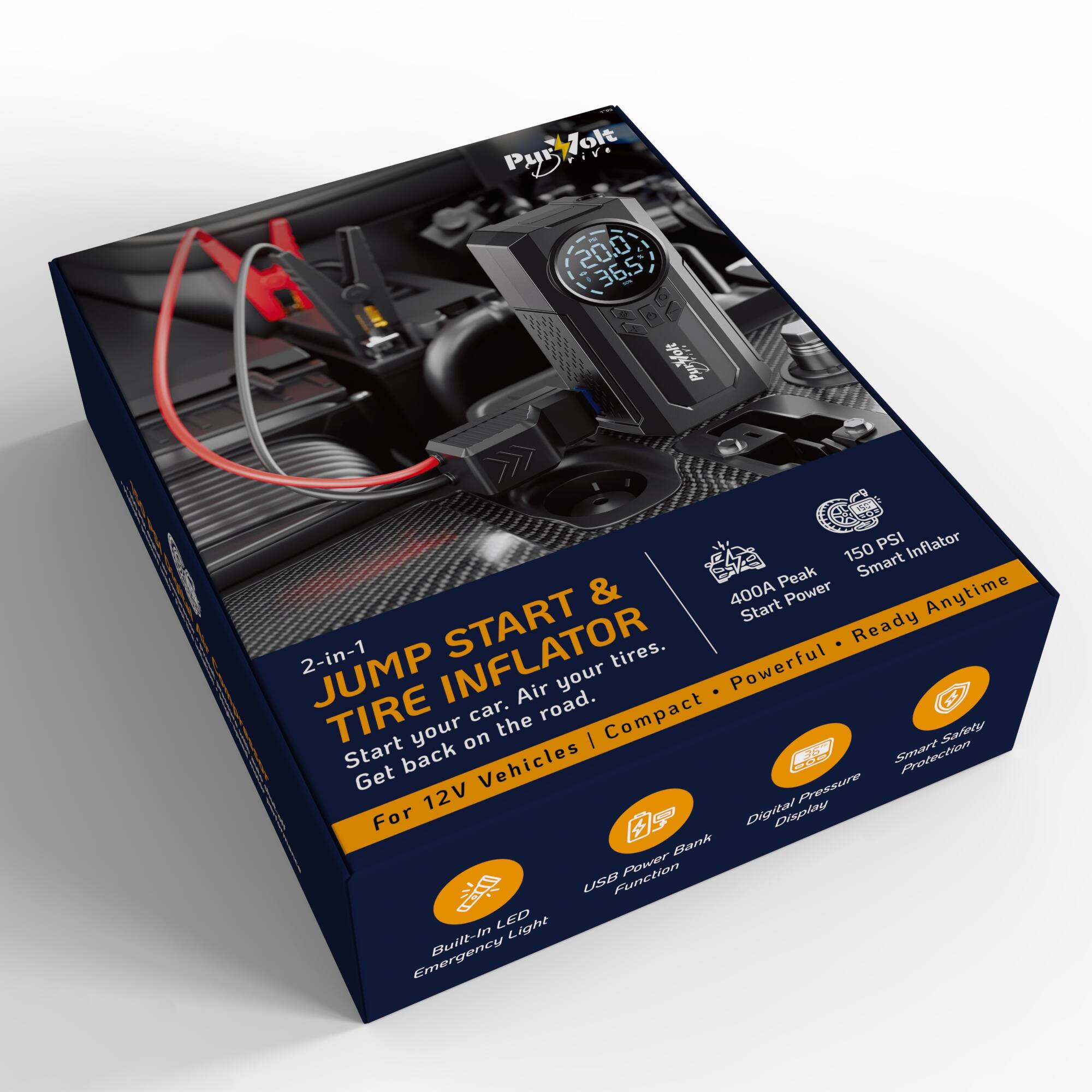 2-in-1 JUMP START & TIRE INFLATOR  
Start your car. Air your tires. Get back on the road.  
For 12V Vehicles | Compact | Powerful | Ready Anytime  

- 400A Peak Start Power  
- 150 Smart Inflator PSI  
- Digital Pressure Display  
- USB Power Bank Function  
- Built-In LED Emergency Light  
- Smart Safety Protection