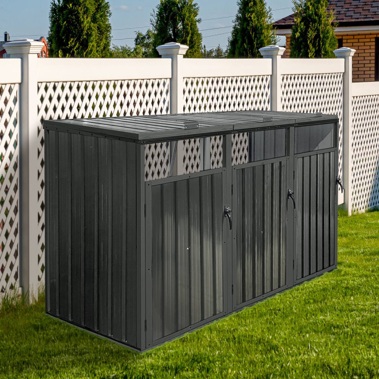 Back. Mondawe - 3 Trash Cans Metal Outdoor Bin Shed - Black.