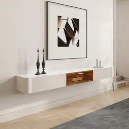 POVISON - 78.7" Modern Minimalist Floating TV Stand, Fluted TV Console, Glossy Sintered Stone,Hardware Handles, TV Console - Beige