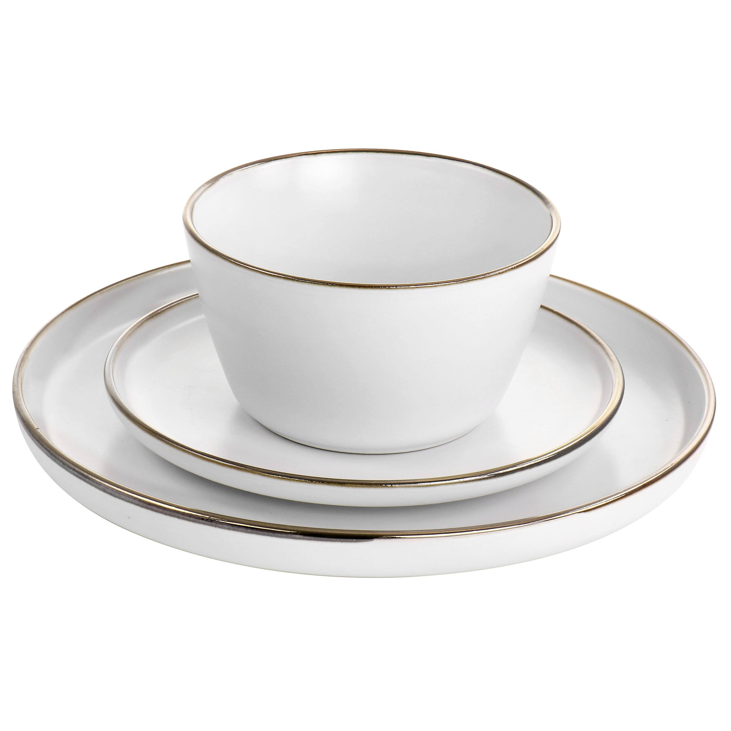 Alt View 2. Elama - Elama Arthur 16 Piece Stoneware Dinnerware Set in Matte White with Gold Rim - White and Gold.