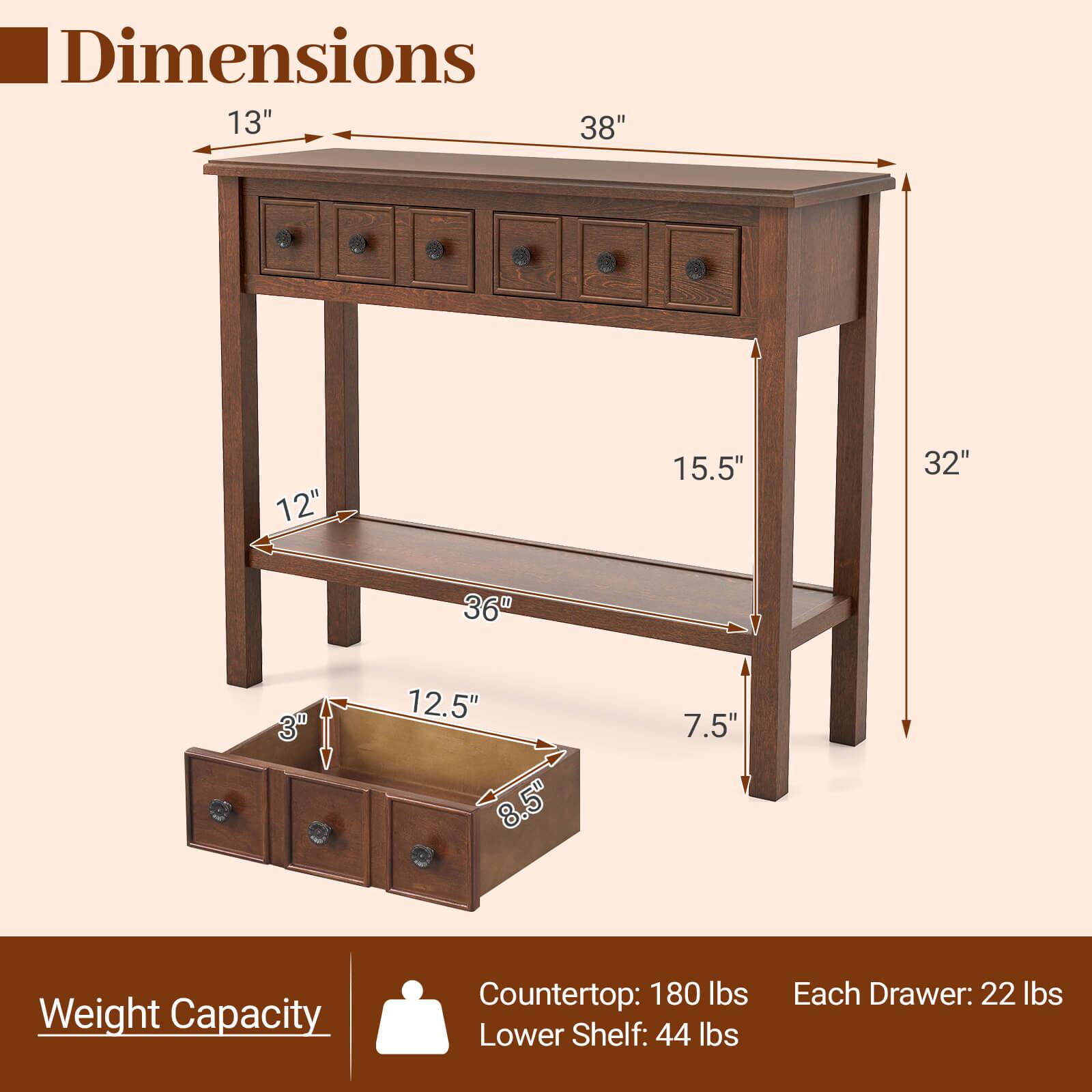 Dimensions:  
- Width: 38"  
- Depth: 15.5"  
- Height: 32"  
- Counter Height: 36"  
- Shelf Height: 12"  
- Drawer Height: 3"  
- Drawer Width: 12.5"  
- Drawer Depth: 8.5"  

Weight Capacity:  
- Countertop: 180 lbs  
- Lower Shelf: 44 lbs  
- Each Drawer: 22 lbs