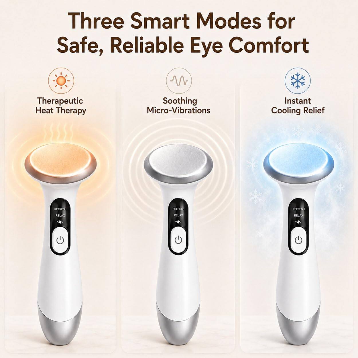 Three Smart Modes for Safe, Reliable Eye Comfort

Therapeutic Heat Therapy
Soothing Micro-Vibrations
Instant Cooling Relief

REFRESH RELAX