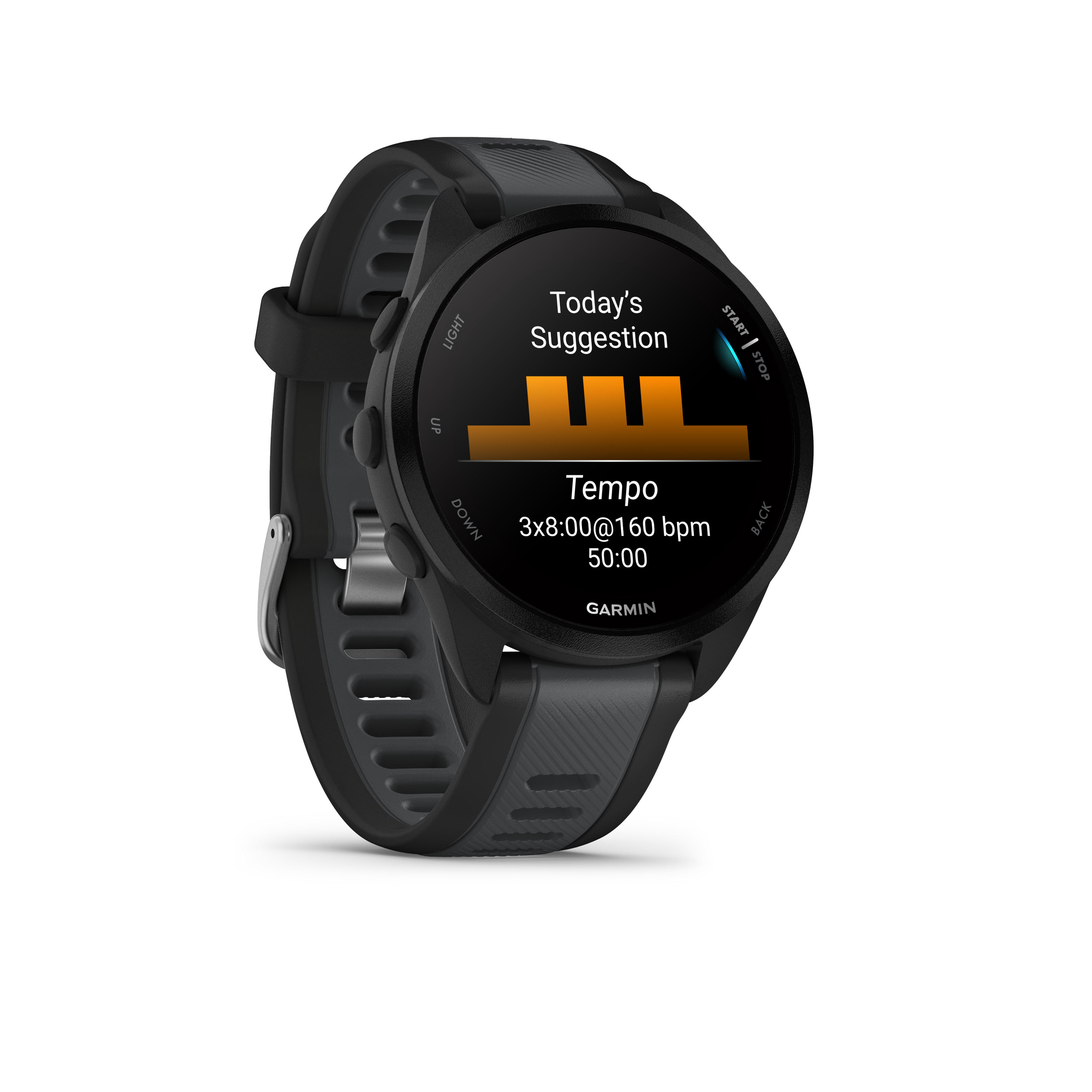 LIGHT  
Today's Suggestion  
Tempo  
3x8:00@160 bpm  
50:00  
START STOP  
UP DOWN  
BACK  
GARMIN