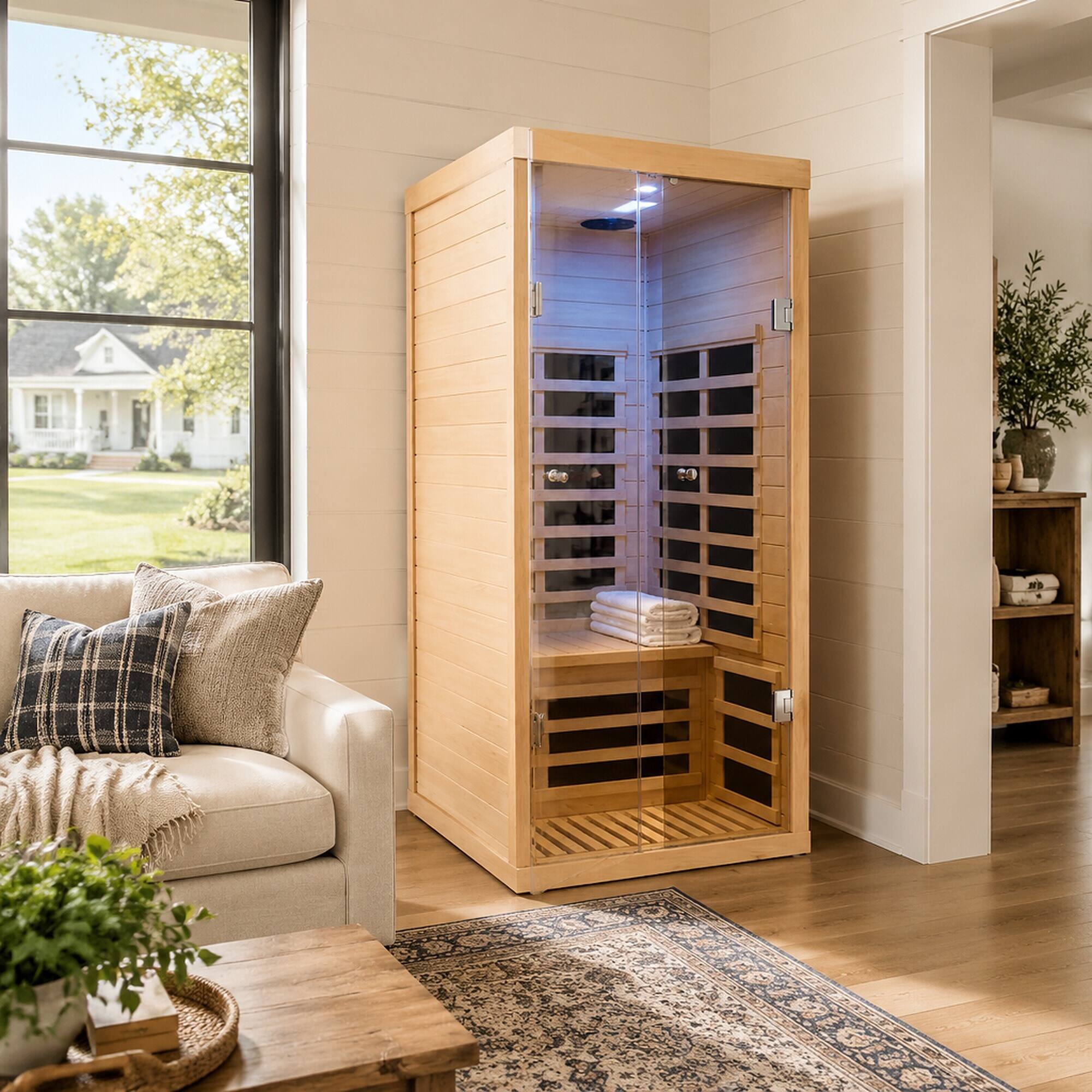 Alt View 1. RYHNUYNE - One Person Far-Infrared Sauna, Canadian Hemlock Wood, 1,760 W Carbon Crystal Heaters, Low EMF, Home Spa - Natural.