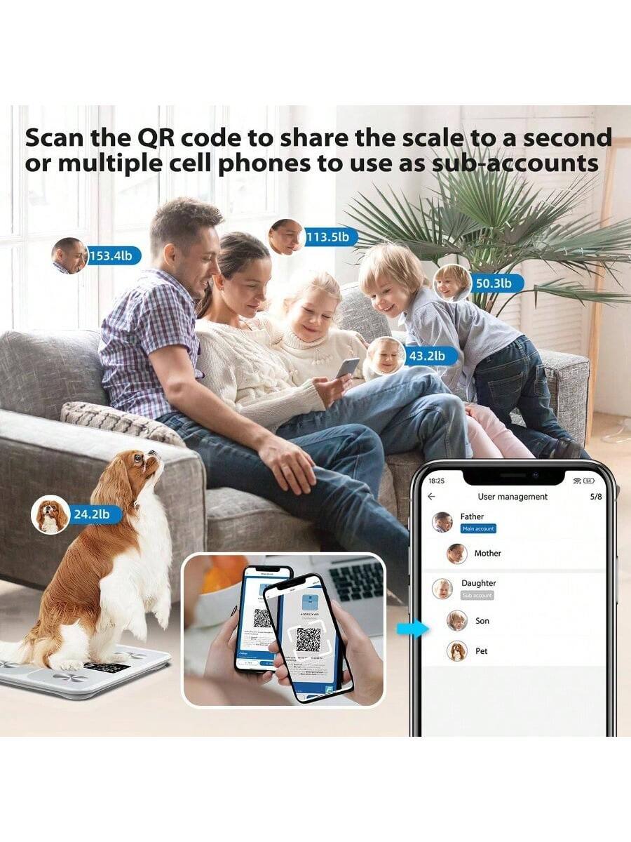 Scan the QR code to share the scale to a second or multiple cell phones to use as sub-accounts.

153.4lb  
113.5lb  
50.3lb  
43.2lb  
24.2lb  

User management  
Father (Main account)  
Mother  
Daughter (Sub account)  
Son  
Pet