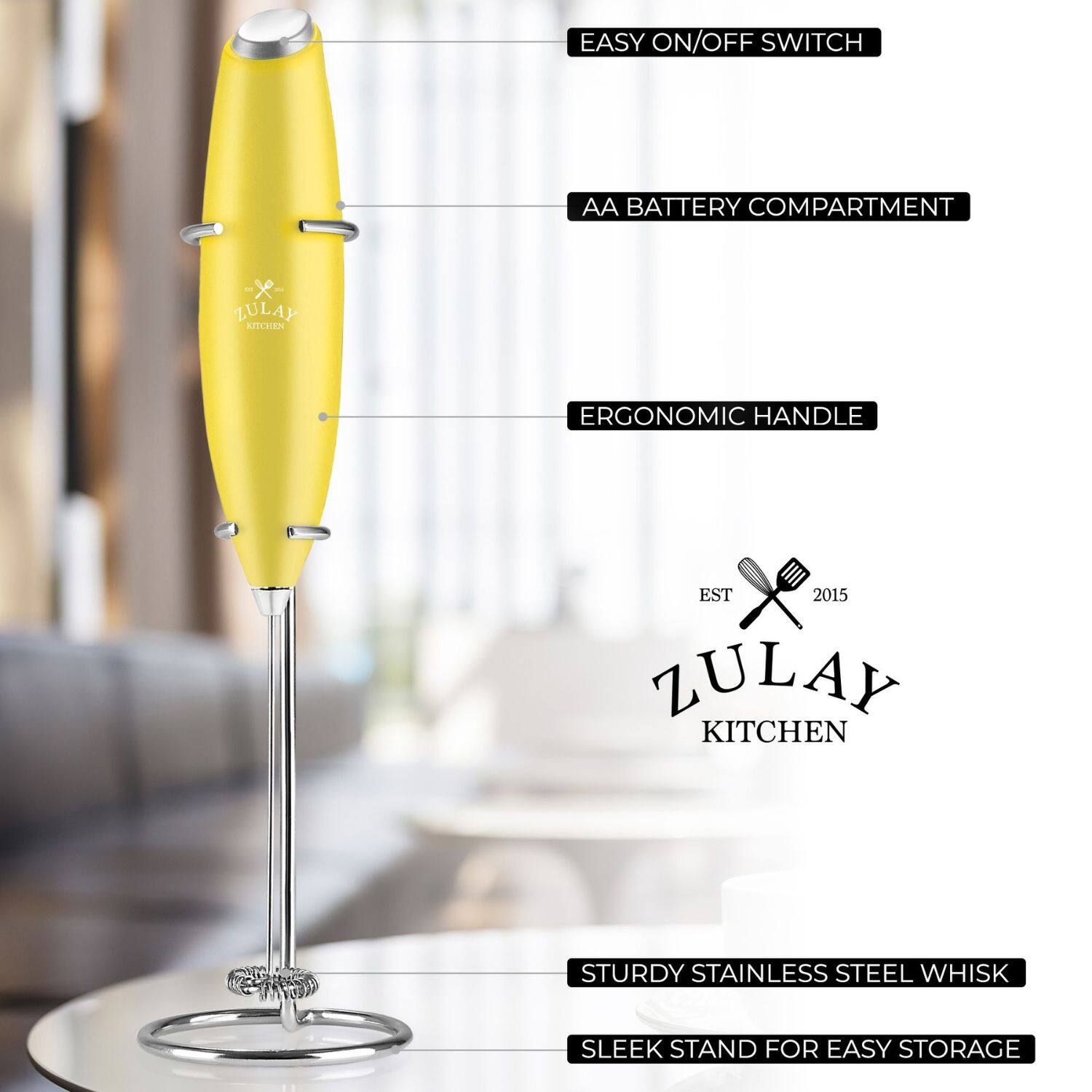 EASY ON/OFF SWITCH AA BATTERY COMPARTMENT ERGONOMIC HANDLE STURDY STAINLESS STEEL WHISK SLEEK STAND FOR EASY STORAGE ZULAY KITCHEN EST 2015