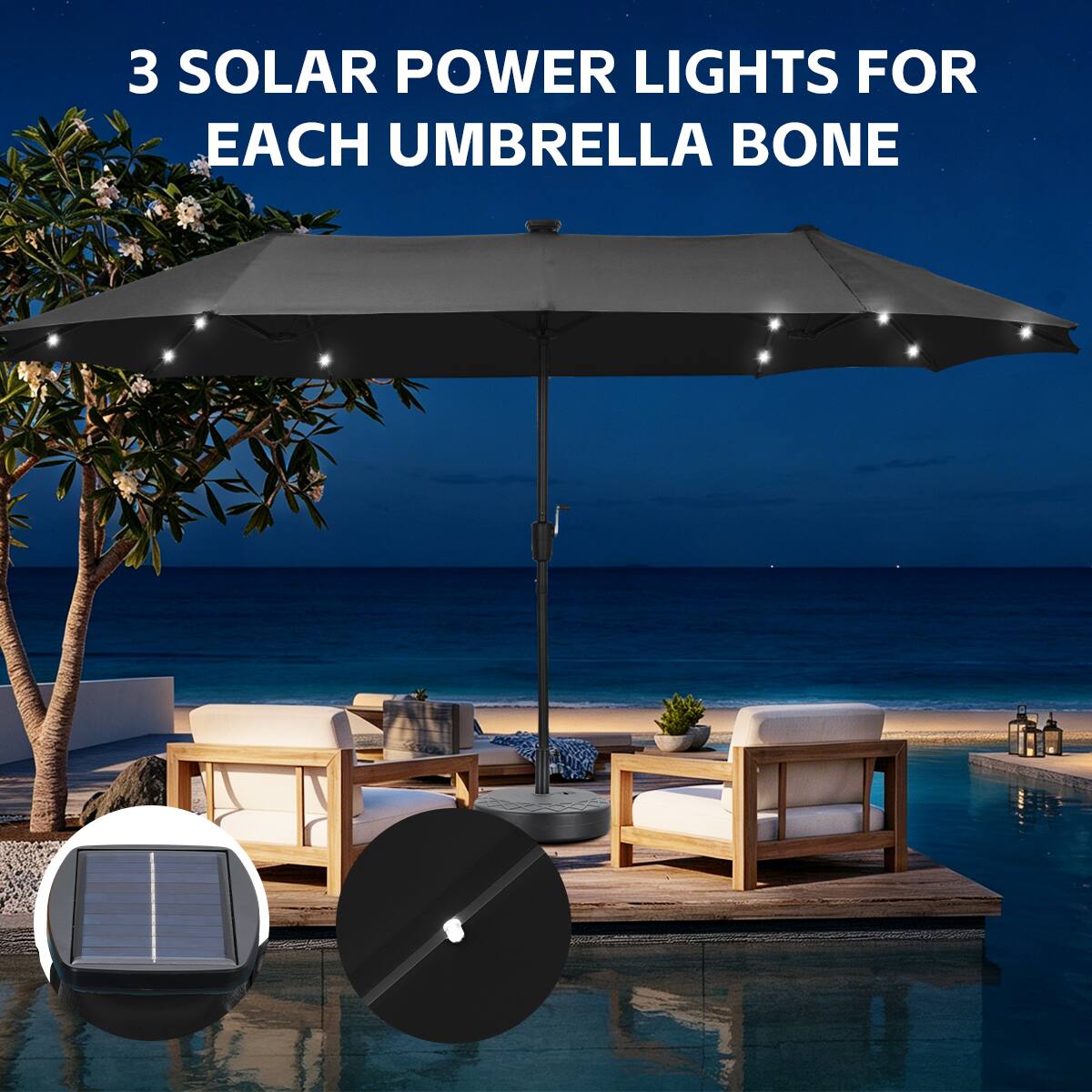 3 SOLAR POWER LIGHTS FOR EACH UMBRELLA BONE