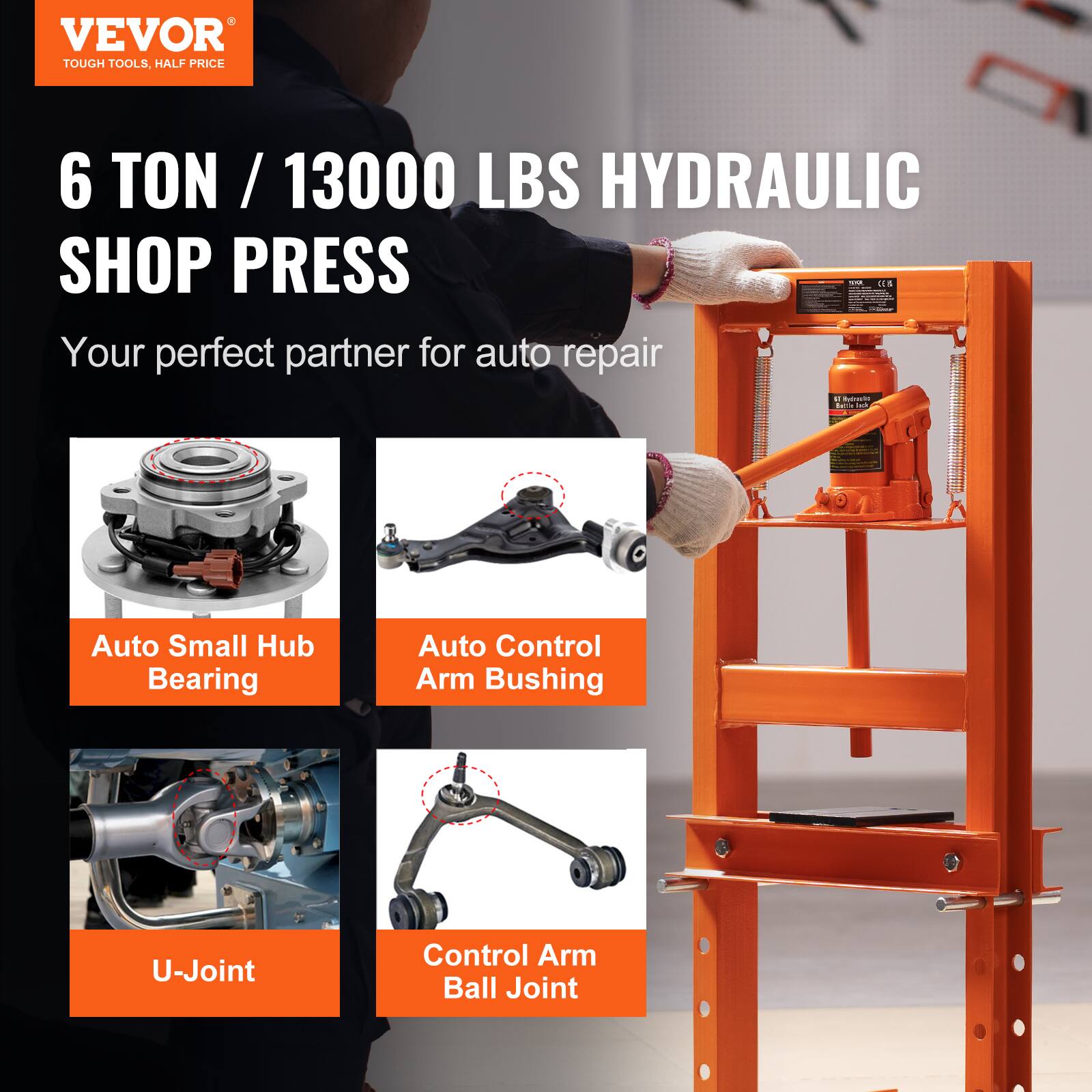 VEVOR TOUGH TOOLS. HALF PRICE 6 TON / 13000 LBS HYDRAULIC SHOP PRESS. Your perfect partner for auto repair - Auto Small Hub Bearing, Auto Control Arm Bushing, U-Joint, Control Arm Ball Joint