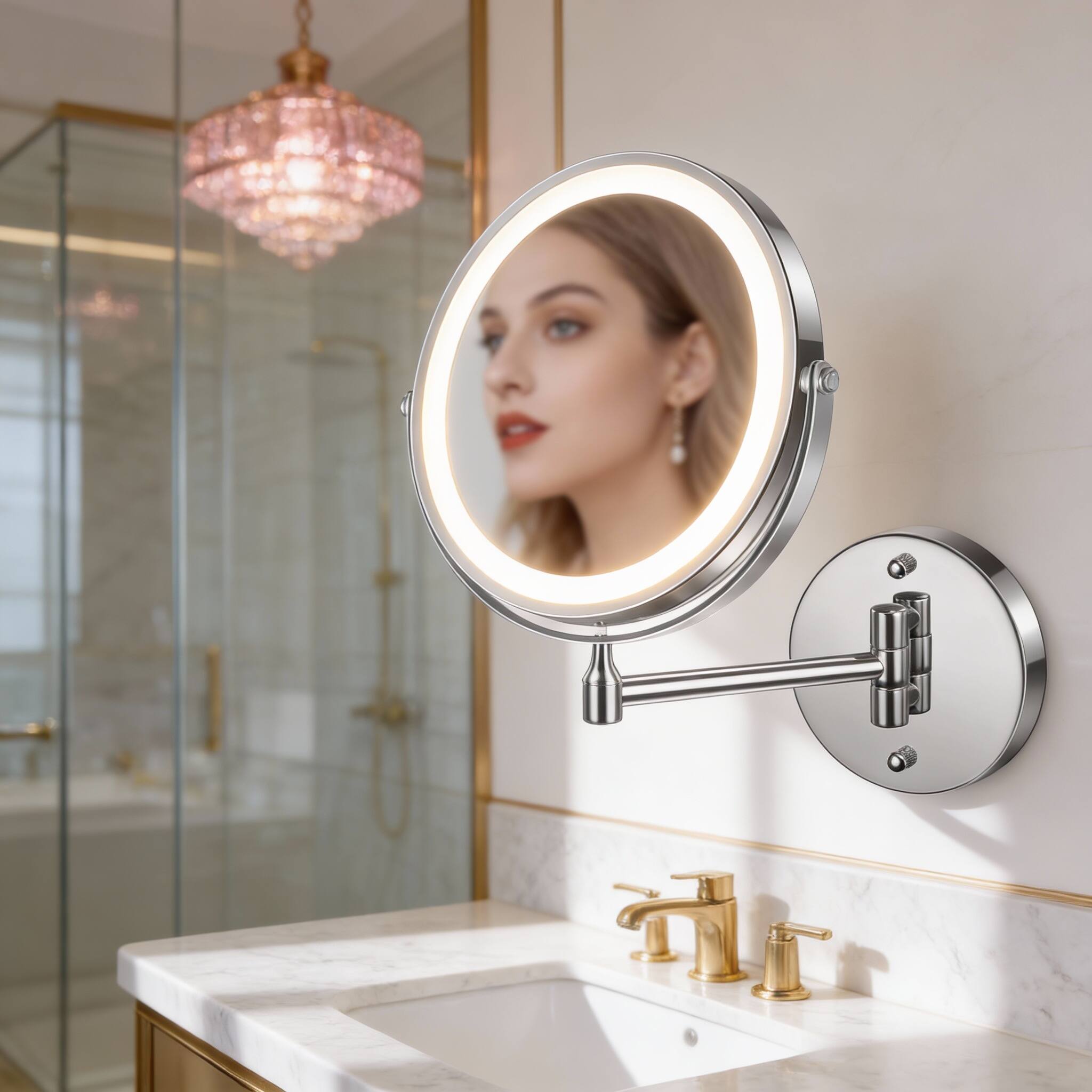 Alt View 2. PO3TICJUNKI3 - 8" Rechargeable Wall Makeup Mirror 1x/10x Magnifying LED 3-Color Dimmable 360° Foldable - Antique Bronze.