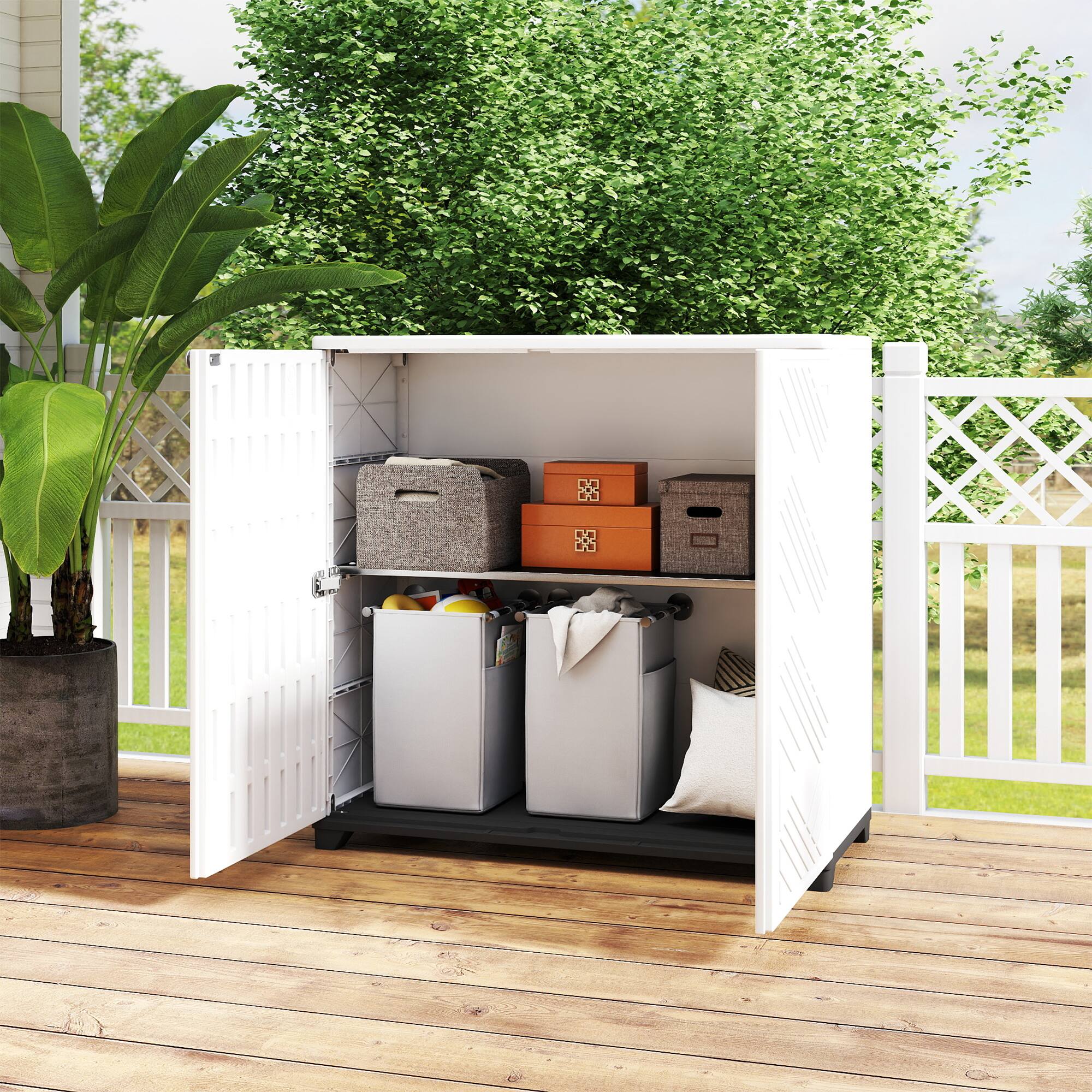 Back. Yardgrace - Outdoor Storage Shed with 1 Shelves, All-Weather Resin Cabinet for Patio, Garden, and Backyard - White.