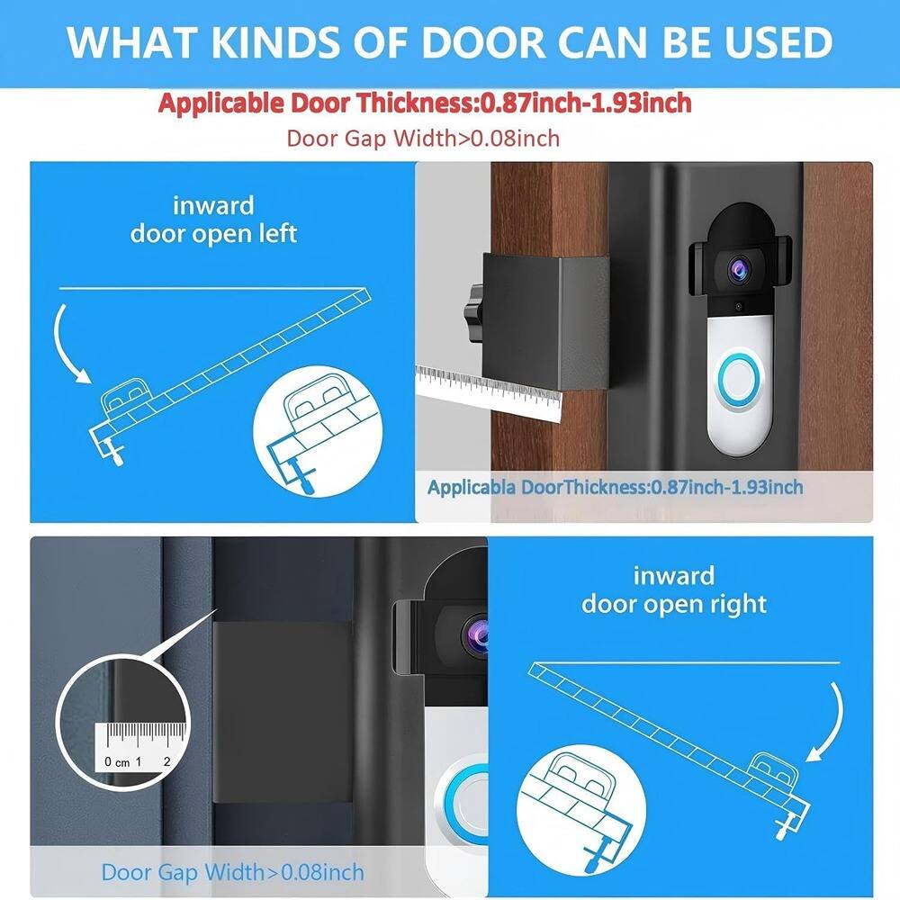 **WHAT KINDS OF DOOR CAN BE USED**

**Applicable Door Thickness:** 0.87inch-1.93inch  
**Door Gap Width:** >0.08inch

- **inward door open left**
  - Applicable Door Thickness: 0.87inch-1.93inch

- **inward door open right**
  - Door Gap Width: >0.08inch