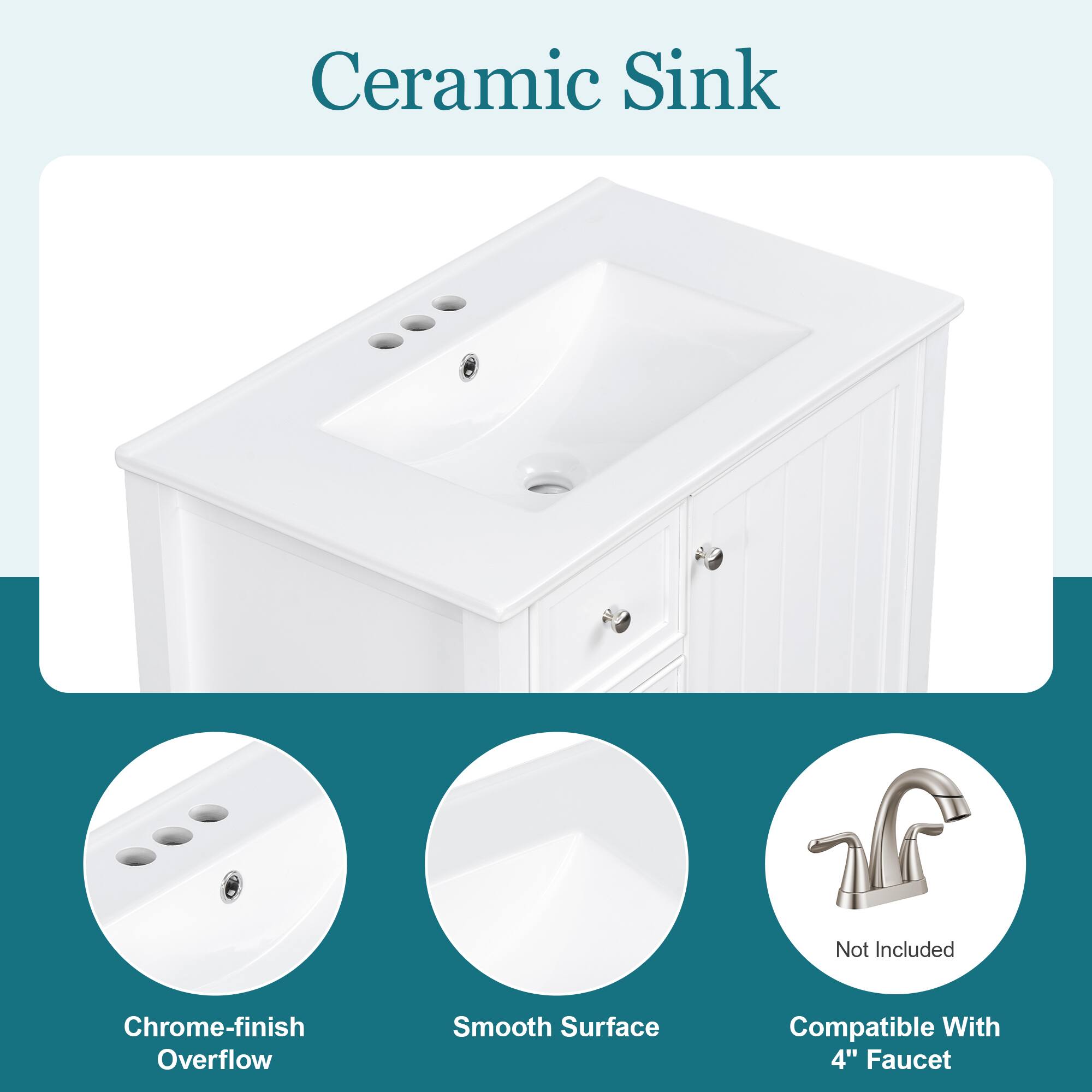 Ceramic Sink

- Chrome-finish Overflow
- Smooth Surface
- Compatible With 4" Faucet
- Not Included