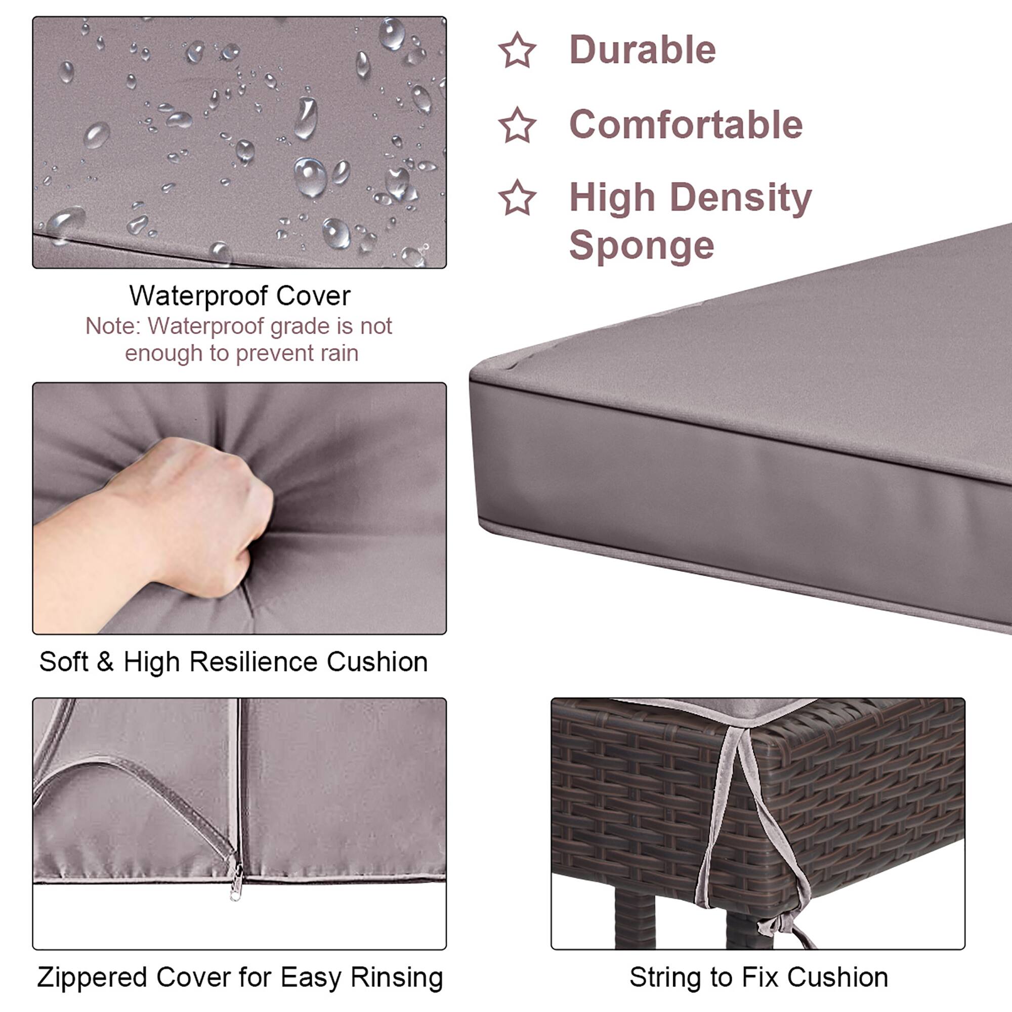 Durable, Comfortable, High Density Sponge, Soft & High Resilience Cushion, Zippered Cover for Easy Rinsing, String to Fix Cushion.