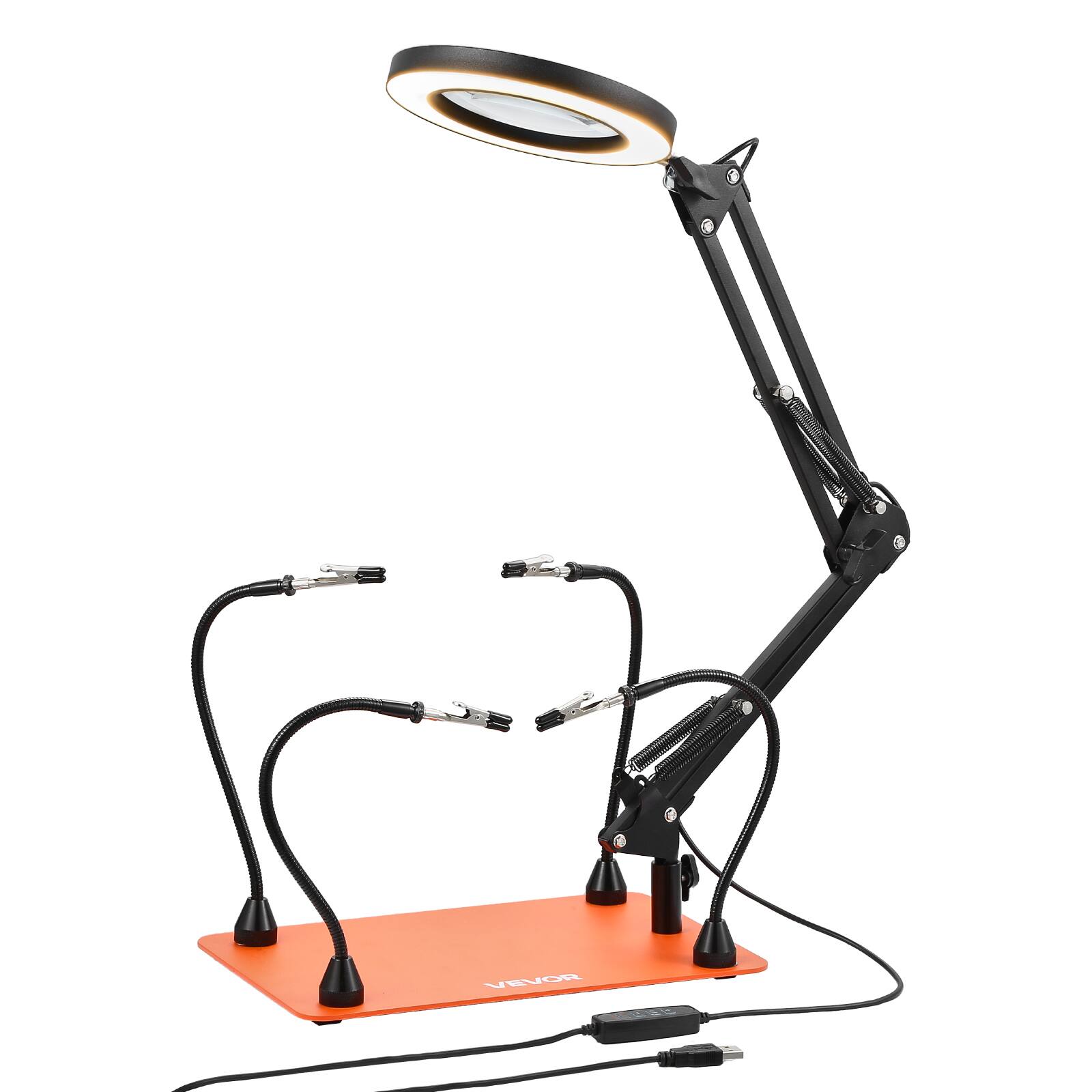 Front. VEVOR - Magnetic Helping Hands Soldering Station, 4 Flexible Arms Third Hand Tool with 3X LED Magnifying Lamp & Non-Slip - Orange.