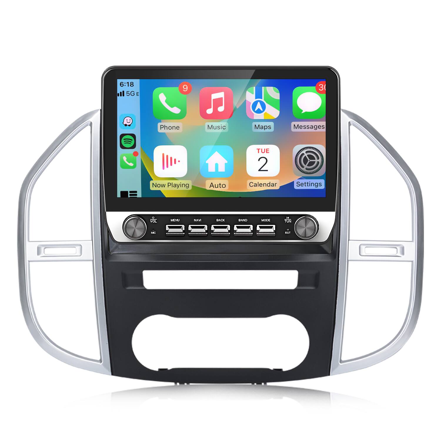 6:18 | 5G E  
9  
Phone Music Maps Messages  
Now Playing Auto  
TUE 2 Calendar  
Settings  

MENU  
BACK  
MODE  
VOL  
BAND  
TUN  
MC  
RDS  
AUTO  
TUN  
RDS  
AS7