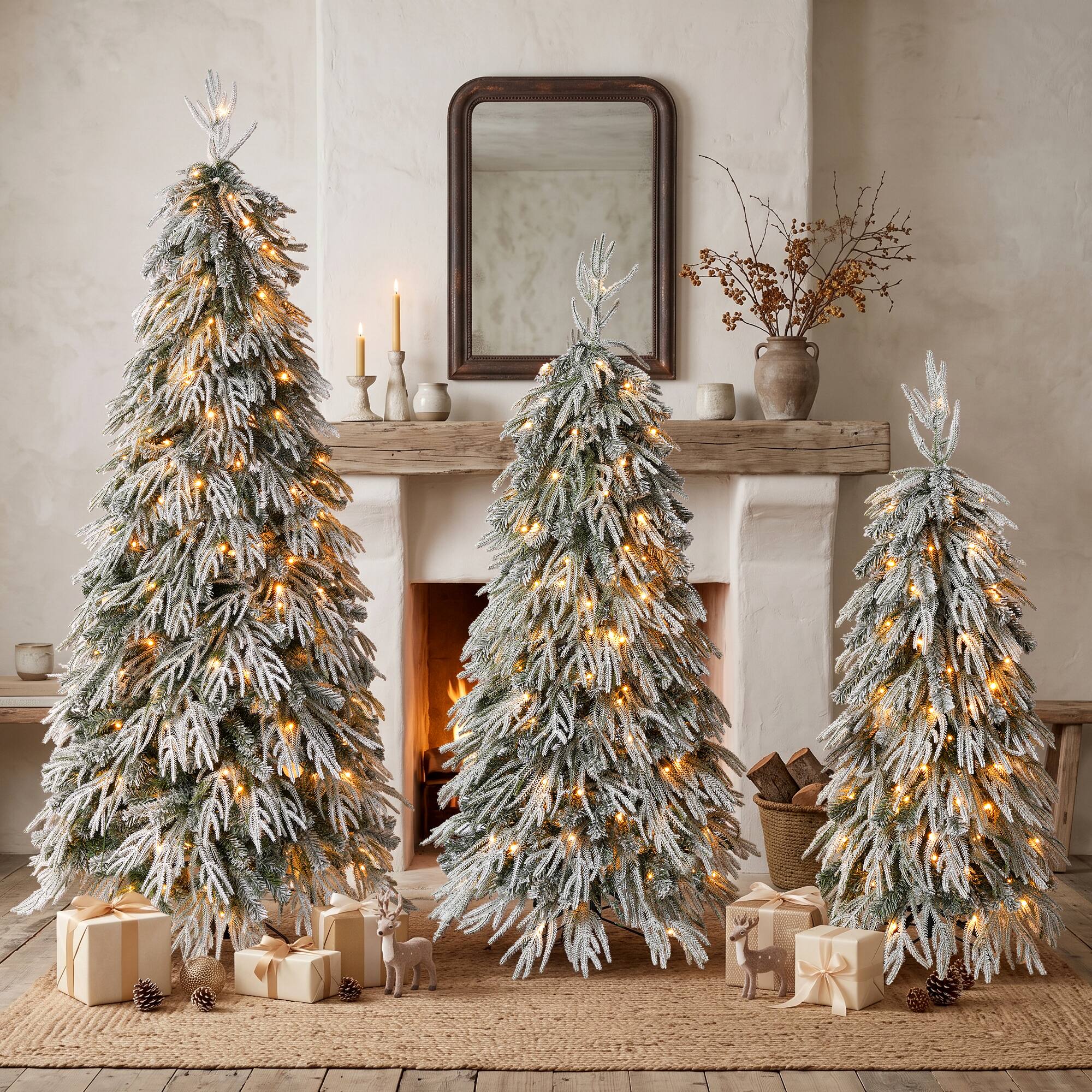 Front. Jandcase - 3-Piece Set  Christmas Trees with Control Lighting, Flocked Weeping Branches, and Multi-Level Forest - Green.