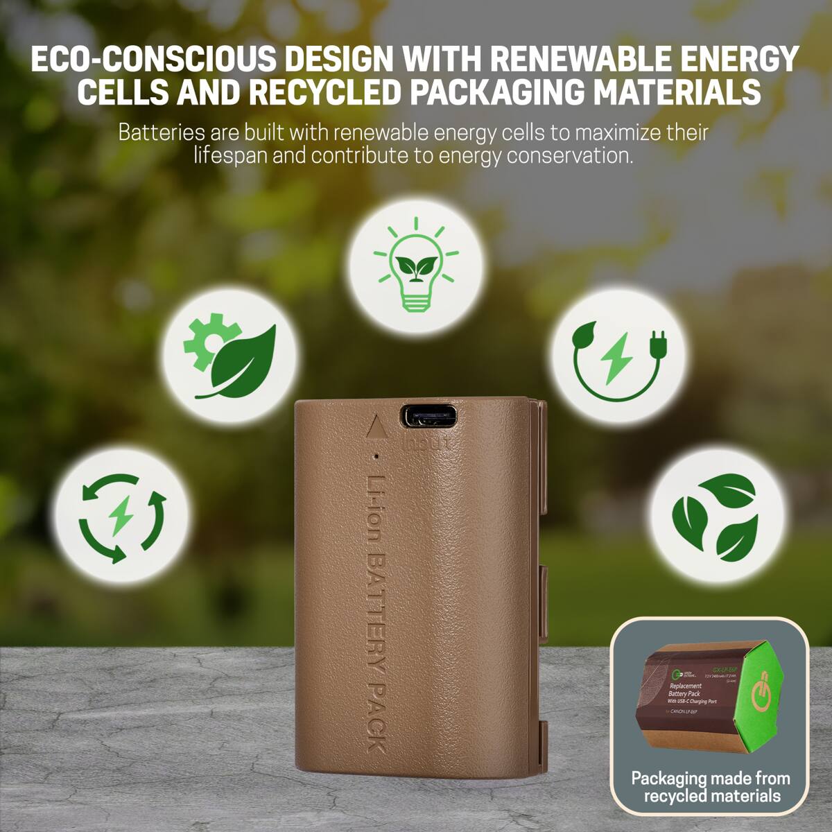 ECO-CONSCIOUS DESIGN WITH RENEWABLE ENERGY CELLS AND RECYCLED PACKAGING MATERIALS

Batteries are built with renewable energy cells to maximize their lifespan and contribute to energy conservation.

Li-ion BATTERY PACK

Packaging made from recycled materials