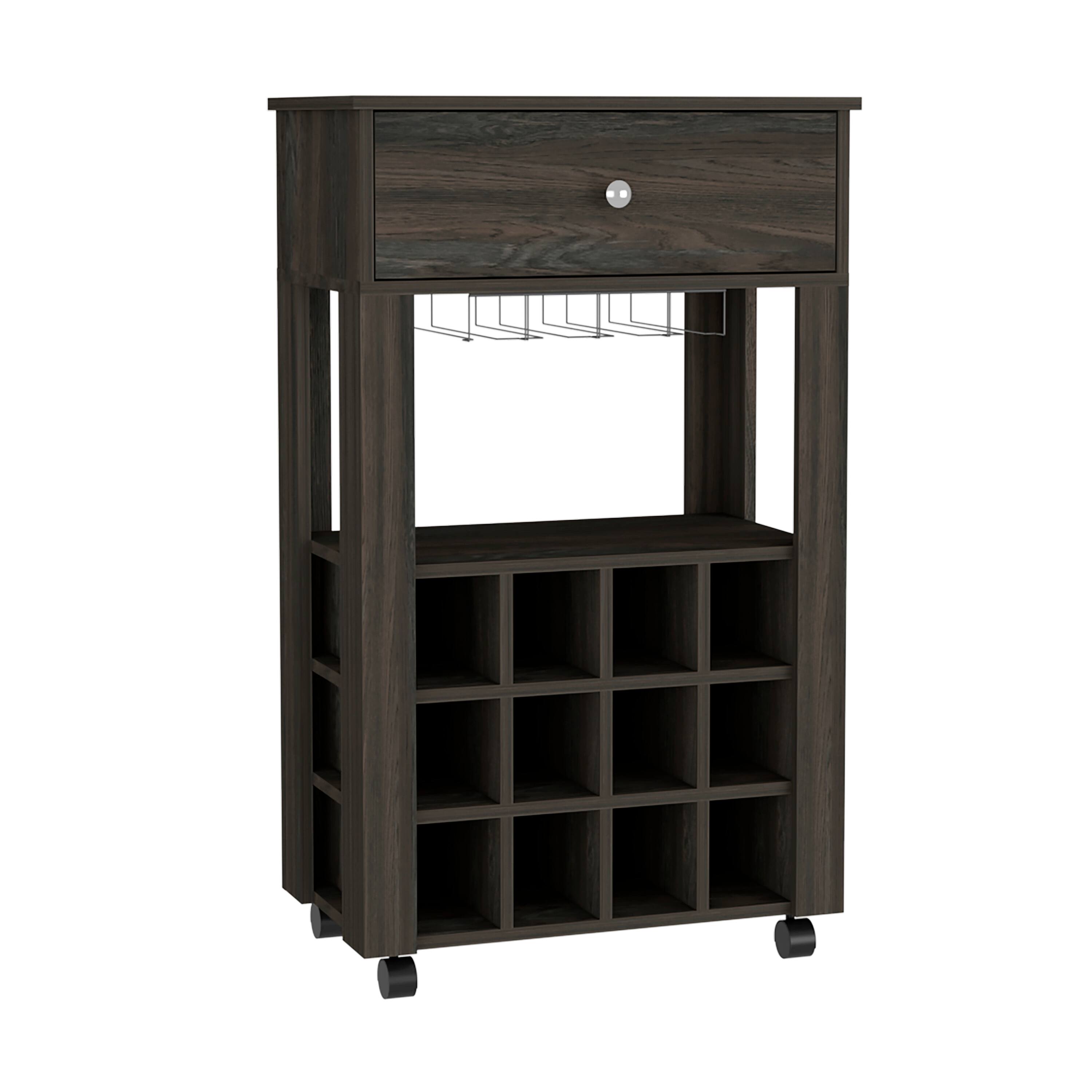 Front. TuHome - Memphis Bar Cart, Twelve Built-In Wine Rack, Casters, Drawer, Living Room or Bar Room - Espresso.