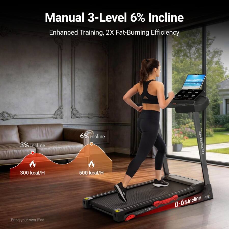 Manual 3-Level 6% Incline  
Enhanced Training, 2X Fat-Burning Efficiency  

3% Incline  
300 kcal/H  

6% Incline  
500 kcal/H  

Bring your own iPad.  

0-6% Incline