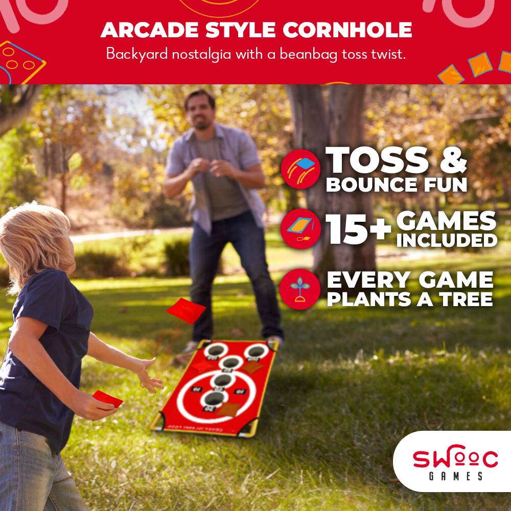 10 ARCADE STYLE CORNHOLE  
Backyard nostalgia with a beanbag toss twist.  
TOSS & BOUNCE FUN  
15+ GAMES INCLUDED  
EVERY GAME PLANTS A TREE  
SWOOC GAMES