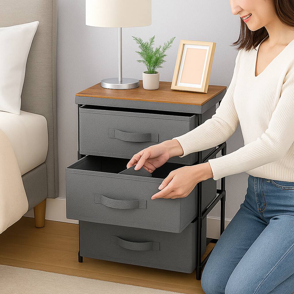 Angle. Hivvago - Compact 3-Tier Nightstand with Fabric Drawers and Metal Base - Grey.