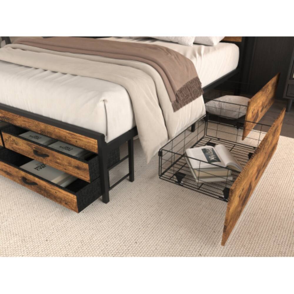 Left. LUCKY ONE - Full Size Bed Frame with 8 Storage Drawers, LED Headboard, USB Charging Station, Metal Platform, No Box Spring Needed - Black.