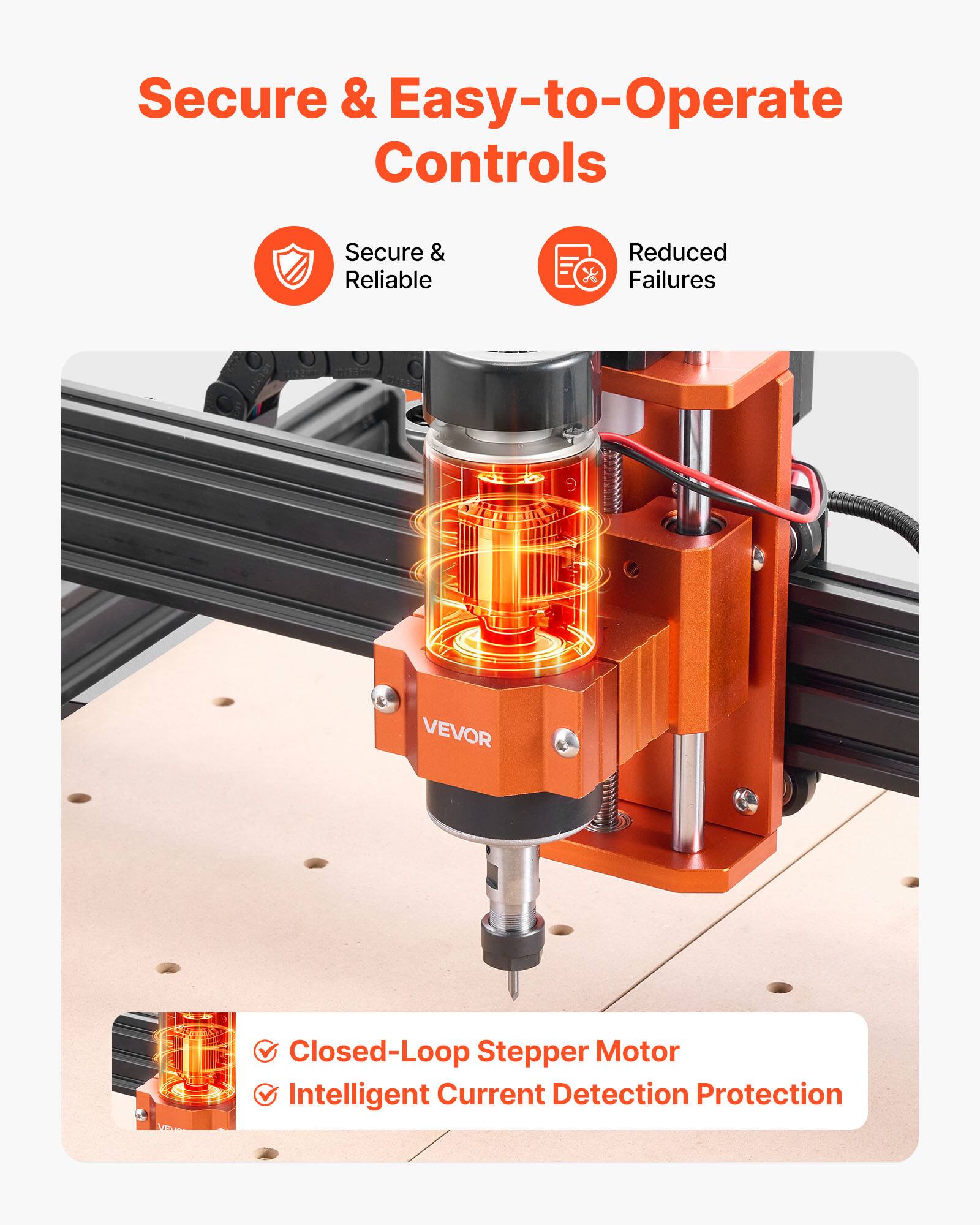Secure & Easy-to-Operate Controls

Secure & Reliable  
Reduced Failures

VEVOR

- Closed-Loop Stepper Motor  
- Intelligent Current Detection Protection