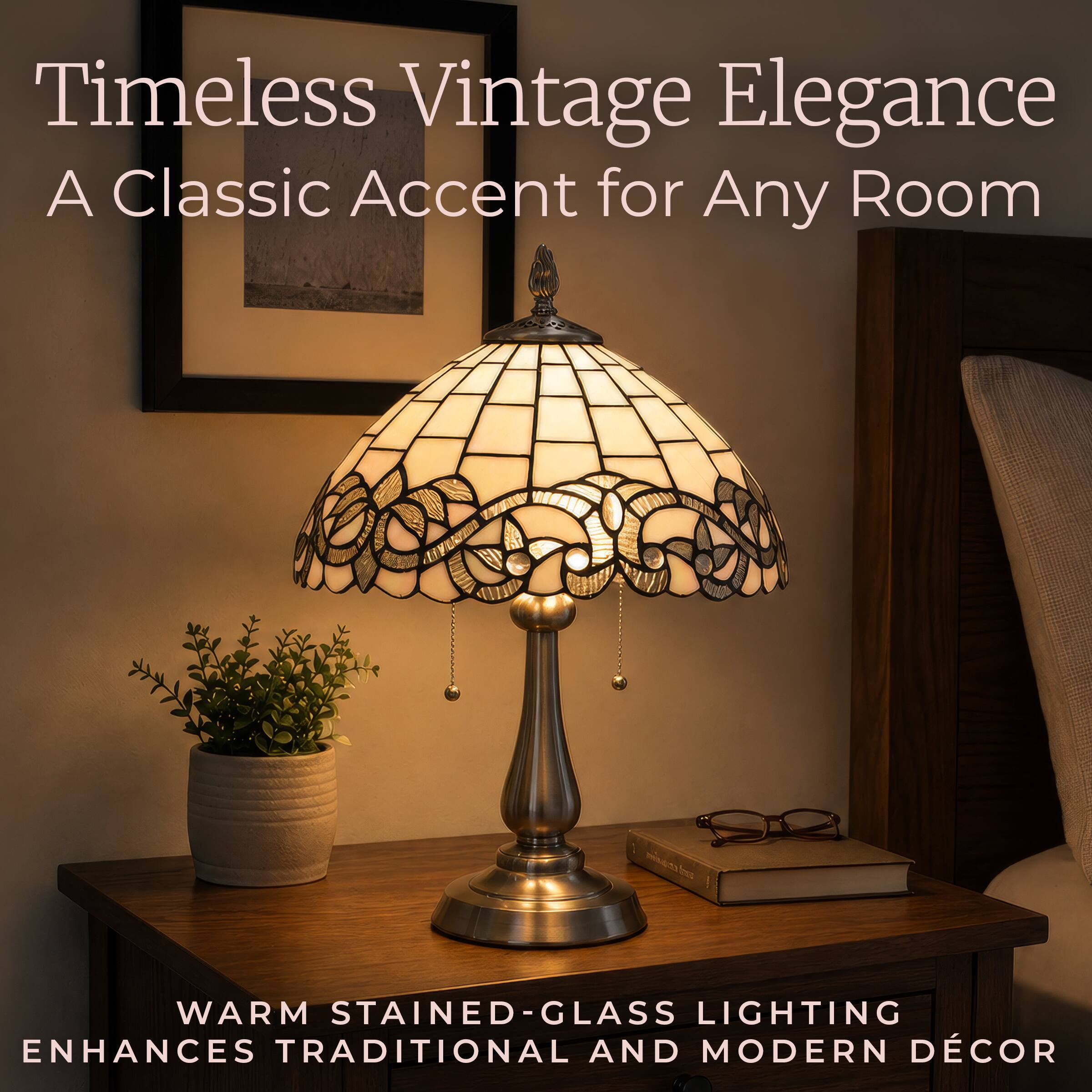 Timeless Vintage Elegance  
A Classic Accent for Any Room

WARM STAINED-GLASS LIGHTING  
ENHANCES TRADITIONAL AND MODERN DÉCOR