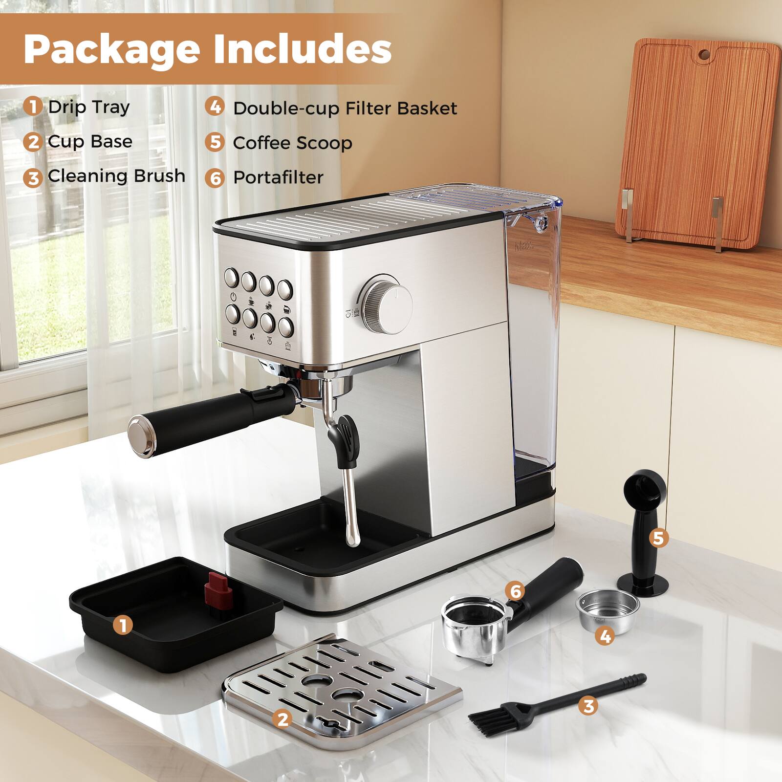 Package Includes

1. Drip Tray
2. Cup Base
3. Cleaning Brush
4. Double-cup Filter Basket
5. Coffee Scoop
6. Portafilter