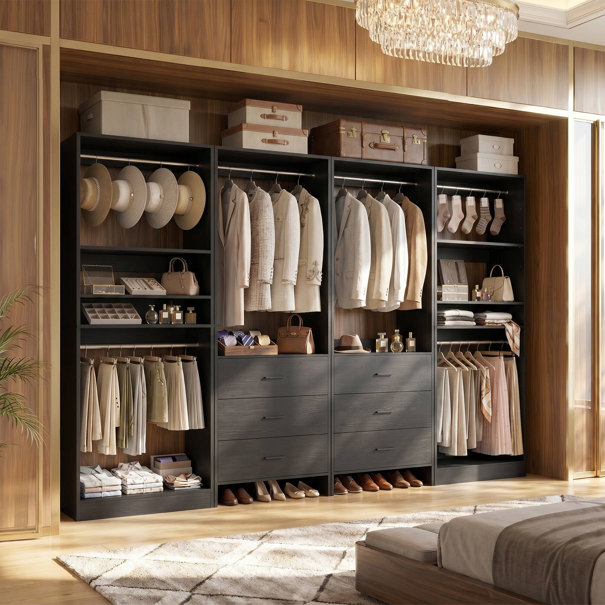 Alt View 2. Aheaplus - 98'' Walk-in Closet Organizer System, 4 Piece Wardrobe Set with 6 Drawers, 6 Hanging Rods & Adjustable Shelves - Black.