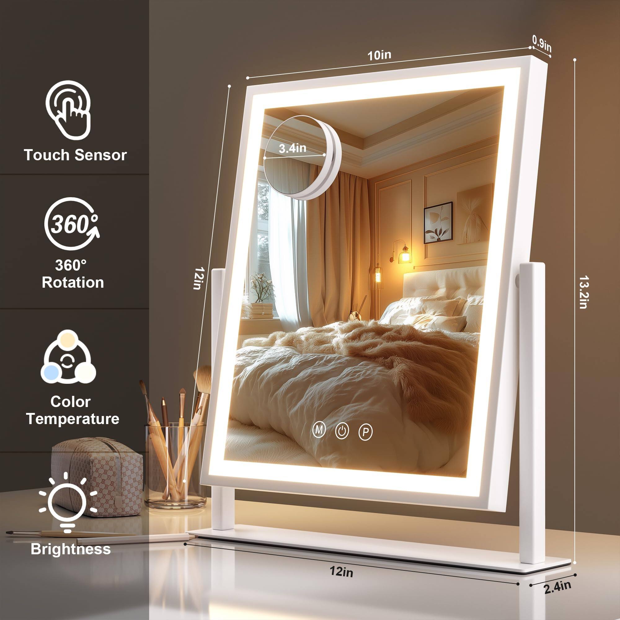 - Touch Sensor
- 360° Rotation
- Color Temperature
- Brightness

Dimensions:
- 10in
- 0.9in
- 3.4in
- 12in
- 13.2in
- 2.4in