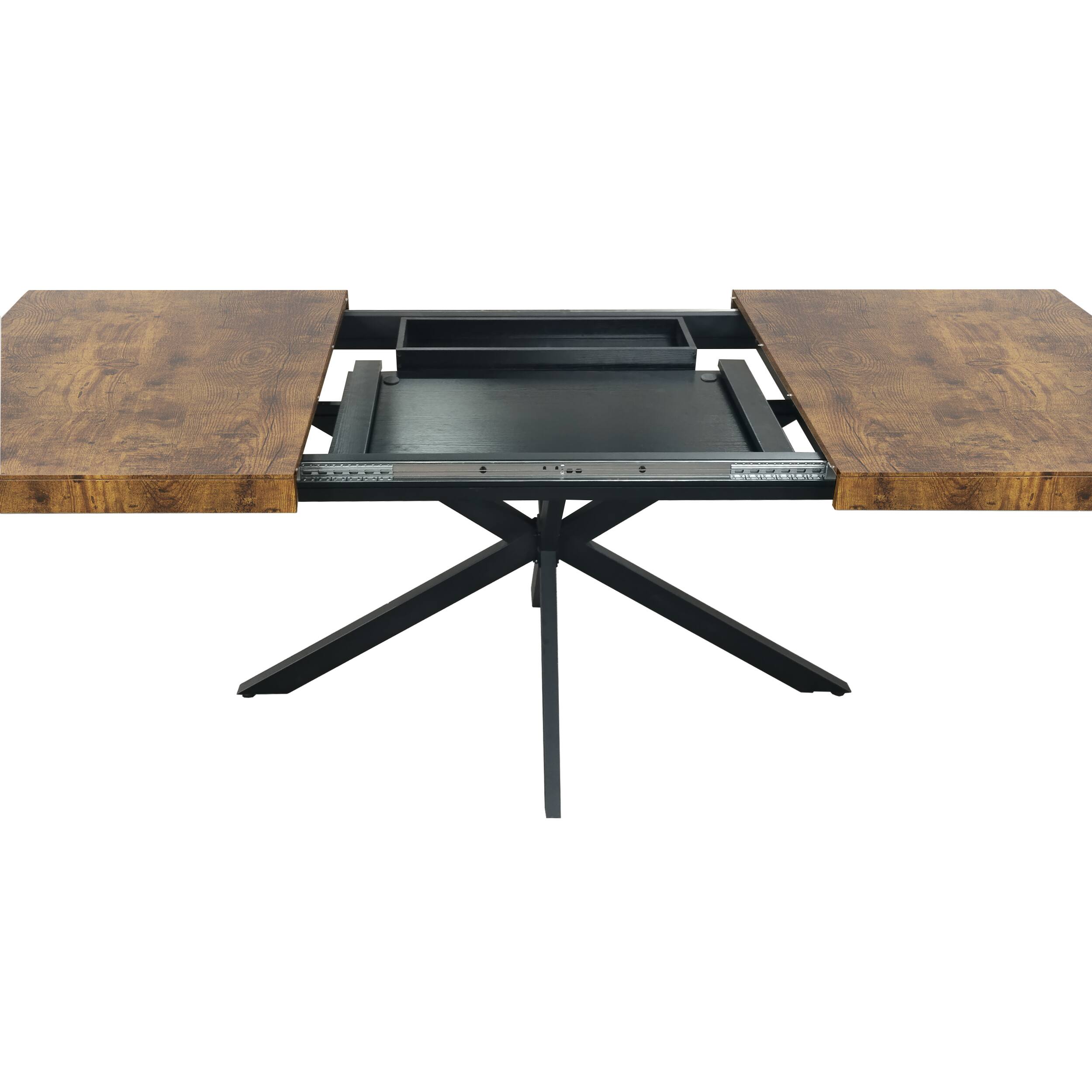Alt View 7. Tiramisubest - Retro Rectangular Stretch Dining Table with Storage Box,Antique Wood Top And Black Relief Plate,Iron Foot Base - Black Brown.
