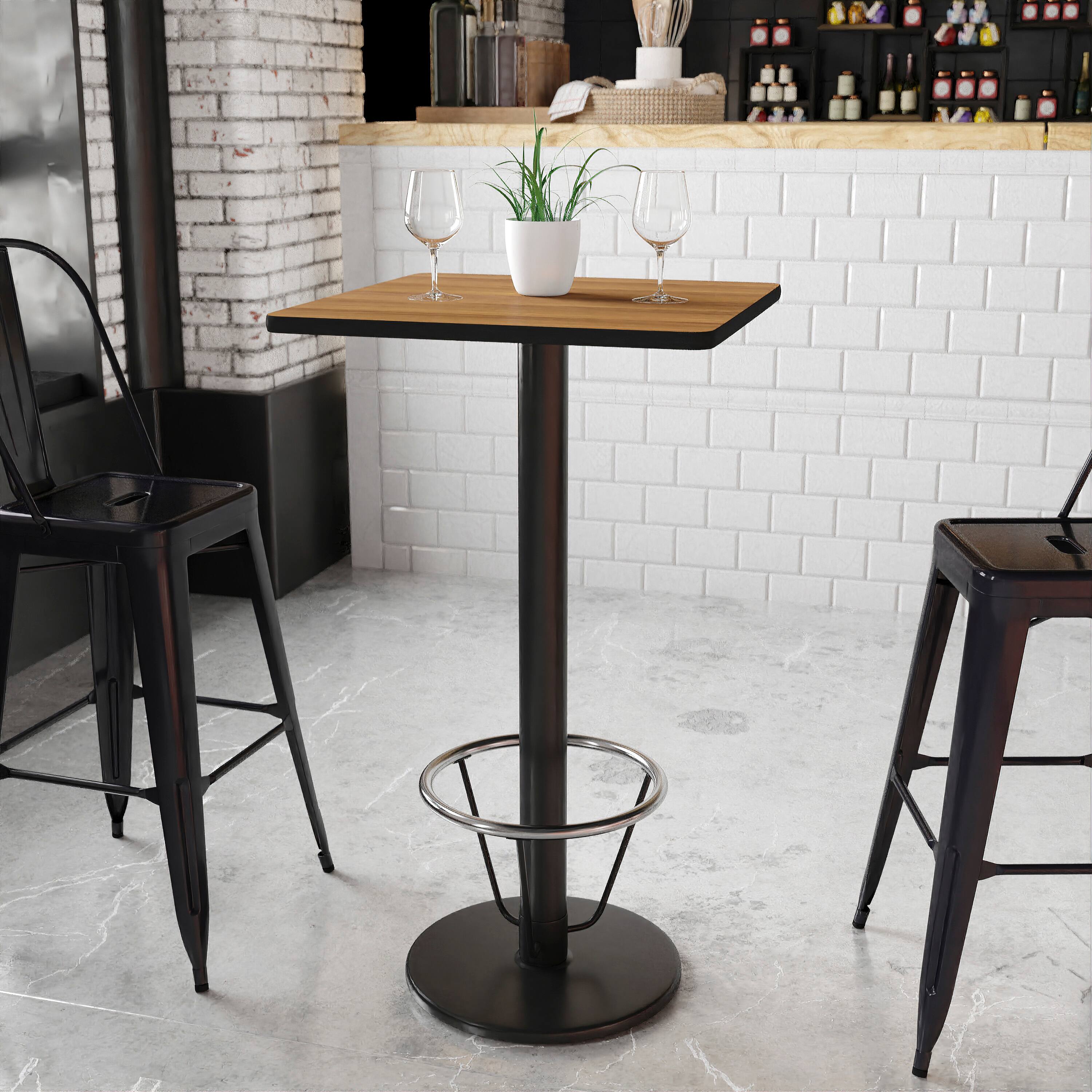 Angle. Flash Furniture - Stiles 24'' Square Walnut Laminate Table Top with 18'' Round Bar Height Table Base and Foot Ring - Brown.
