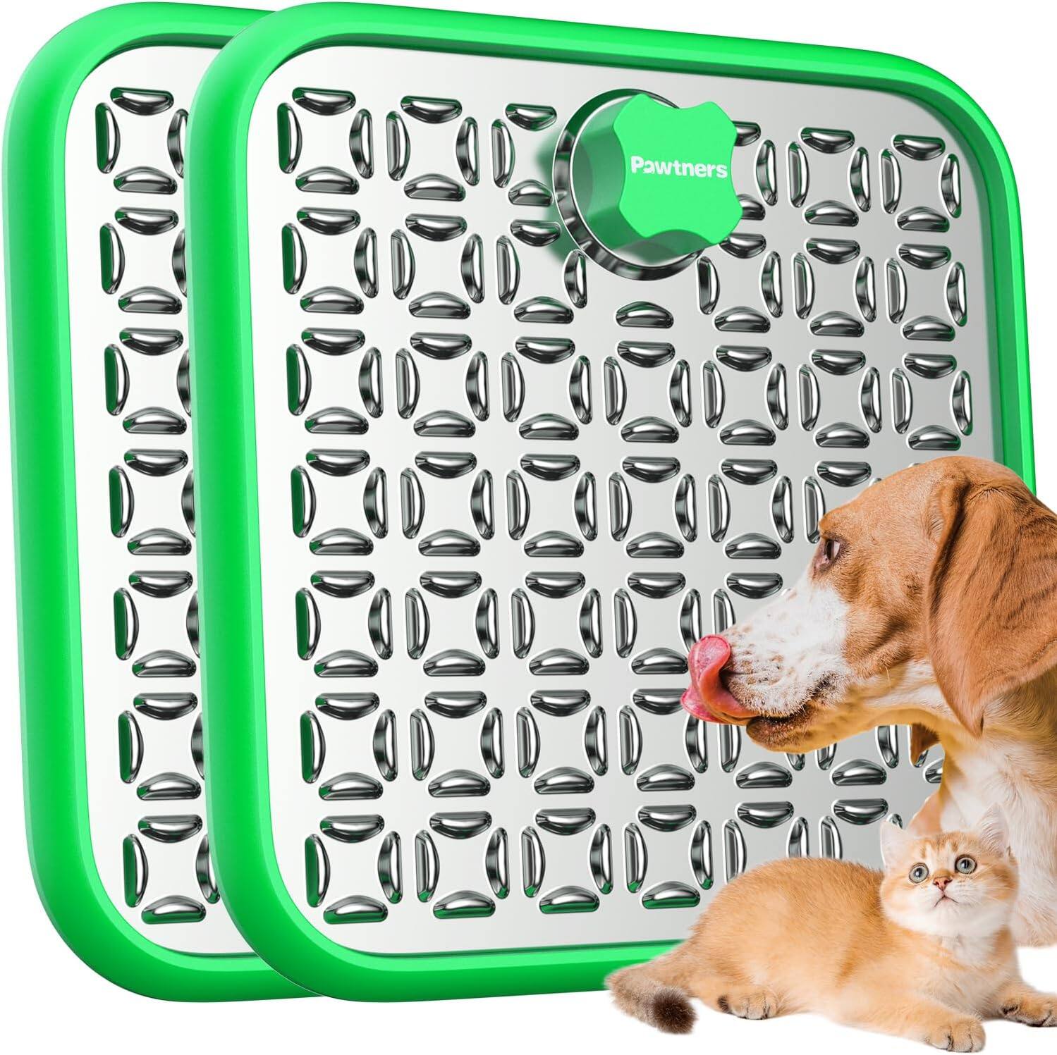 Front. Pawtners - 2-Pack Dog Lick Mat with Suction, Stainless Steel Slow Feeder for Cats & Large Dogs, Grooming & Anxiety Relief Mat - Green.