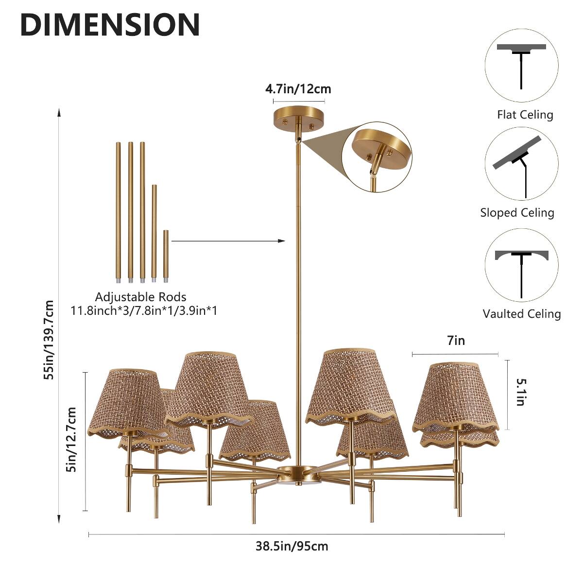 DIMENSION  
4.7in/12cm  
Flat Ceiling  
Adjustable Rods: 11.8in*3/7.8in*1/3.9in*1  
55in/139.7cm  
5in/12.7cm  
38.5in/95cm  
Sloped Ceiling  
Vaulted Ceiling  
7in  
5.1in