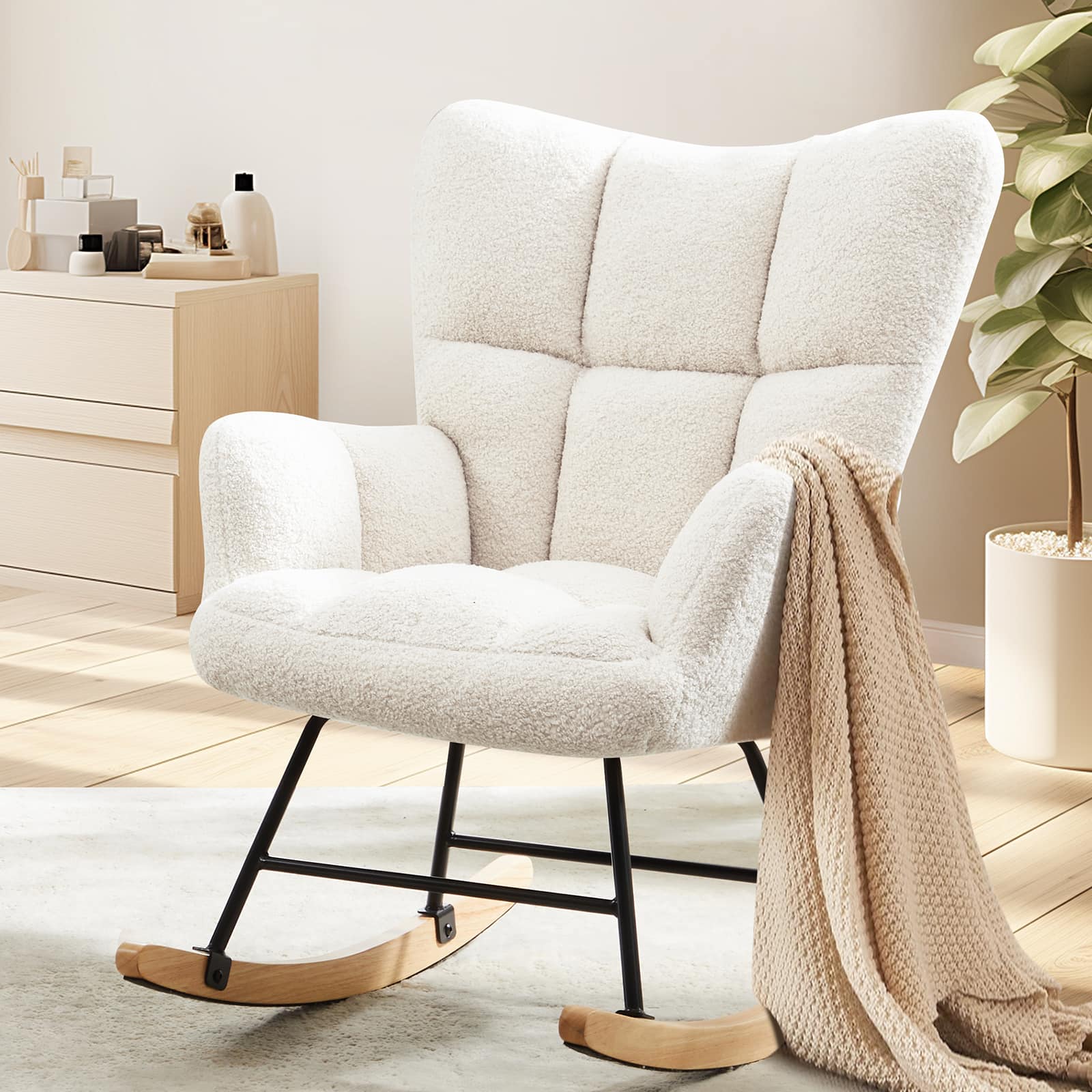 Anysun - Teddy Fabric Rocking Gilder Nursery Chair For Living Room Indoor - White