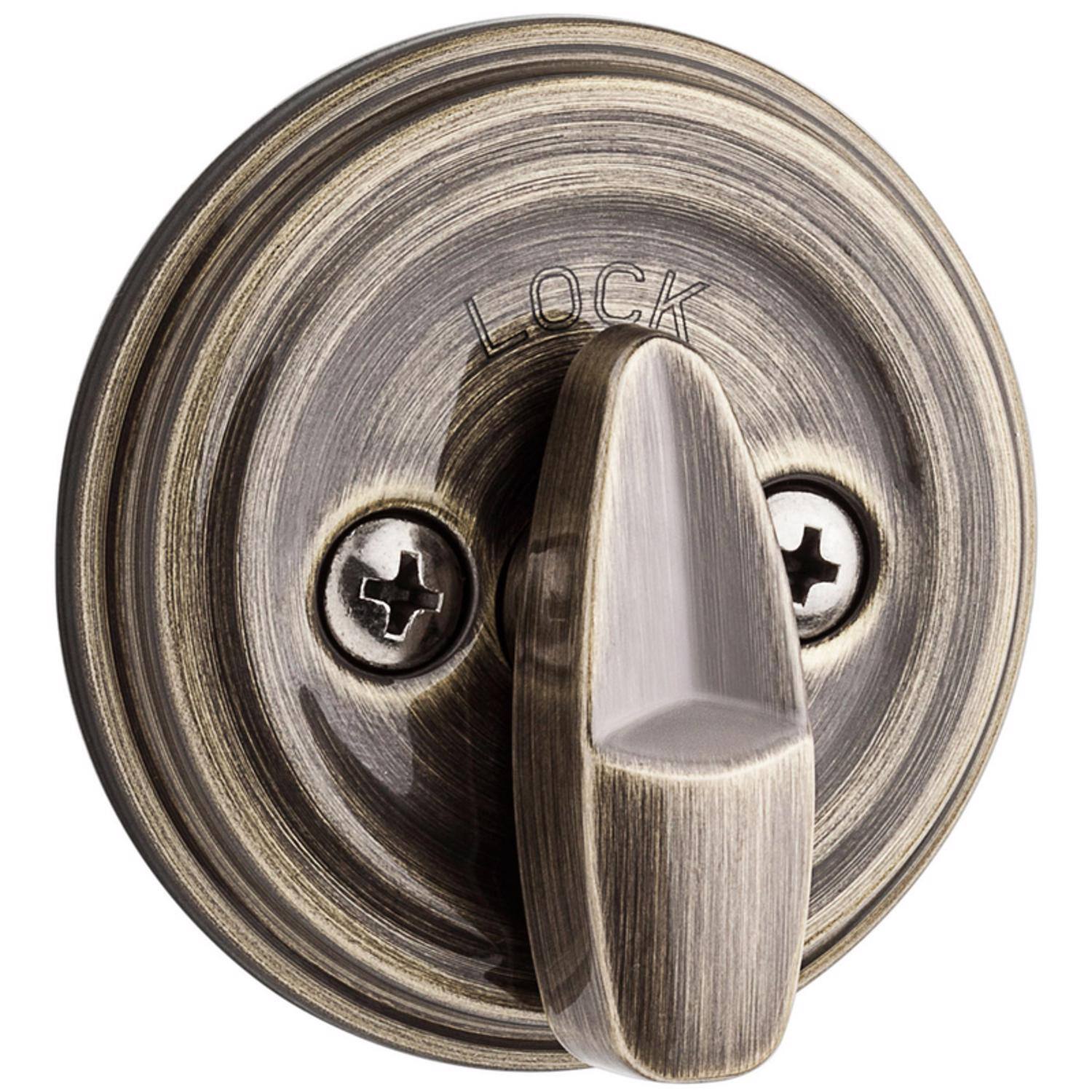 Left. Kwikset - Kwikset SmartKey Antique Brass Metal Deadbolt.