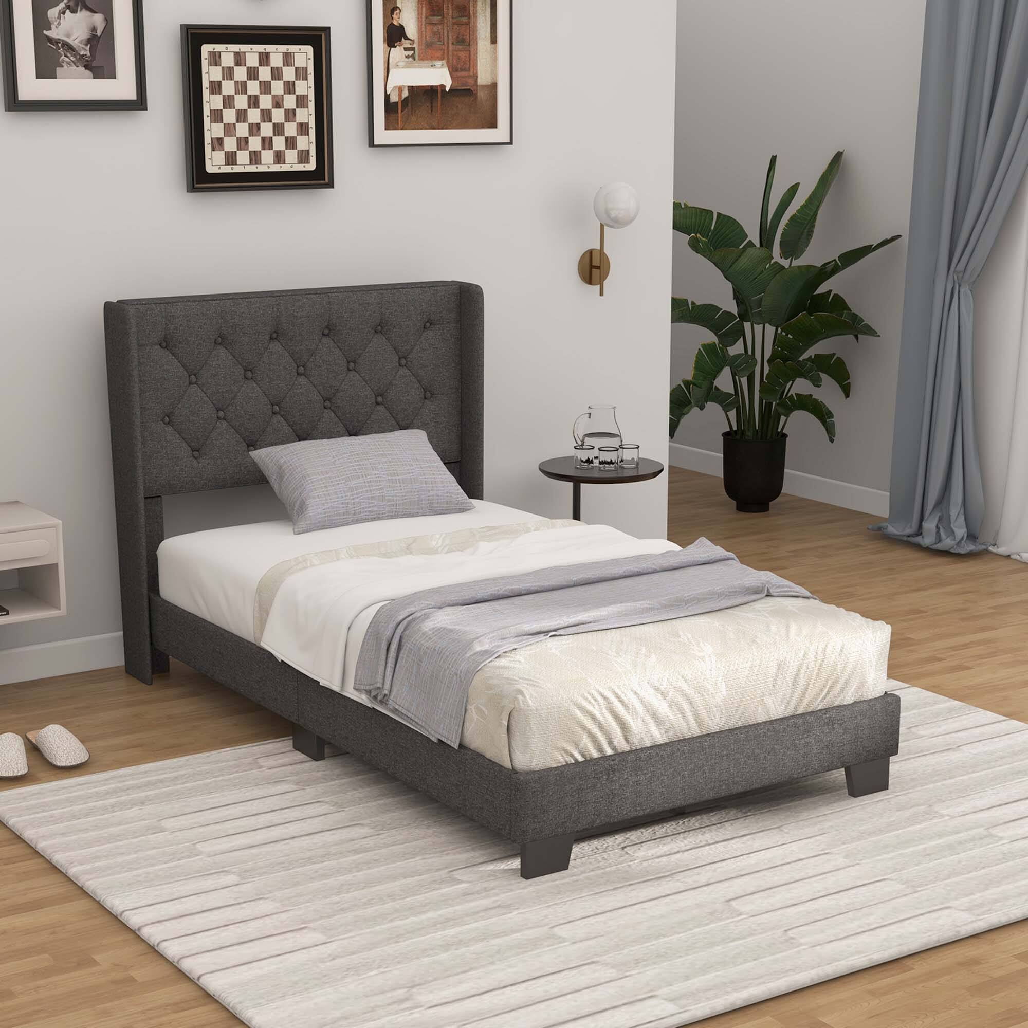 Alt View 2. Costway - Costway Twin Size Upholstered Platform Bed Tufted Headboard Mattress Foundation - Grey.