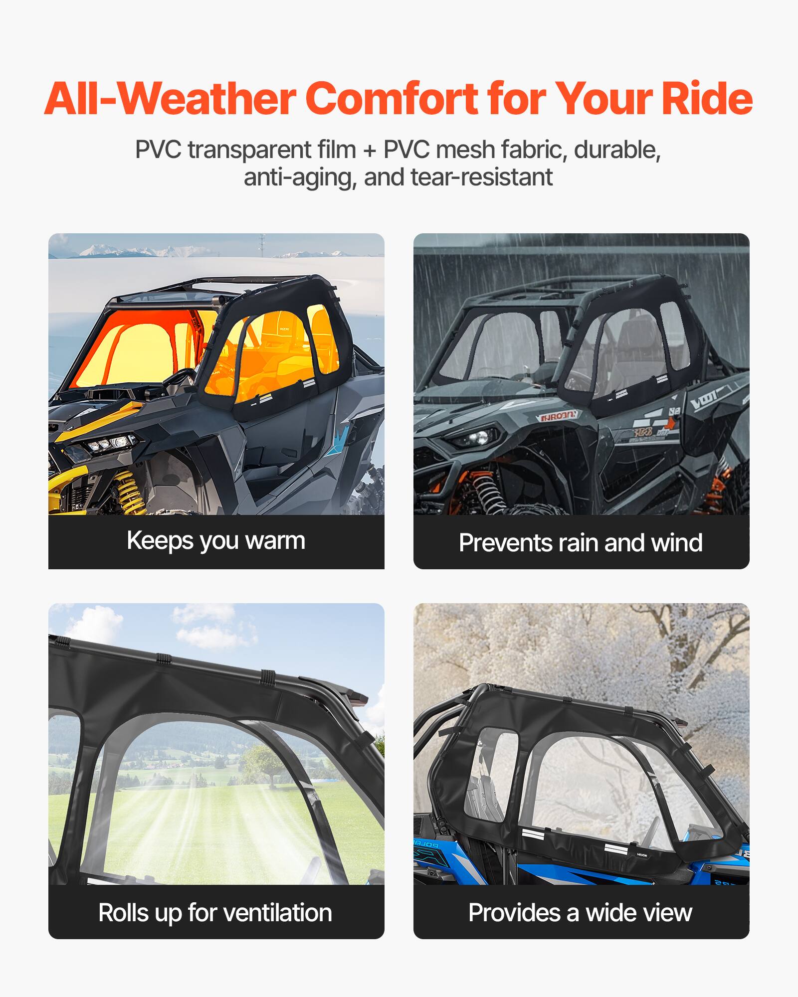 All-Weather Comfort for Your Ride

PVC transparent film + PVC mesh fabric, durable, anti-aging, and tear-resistant

- Keeps you warm
- Prevents rain and wind
- Rolls up for ventilation
- Provides a wide view