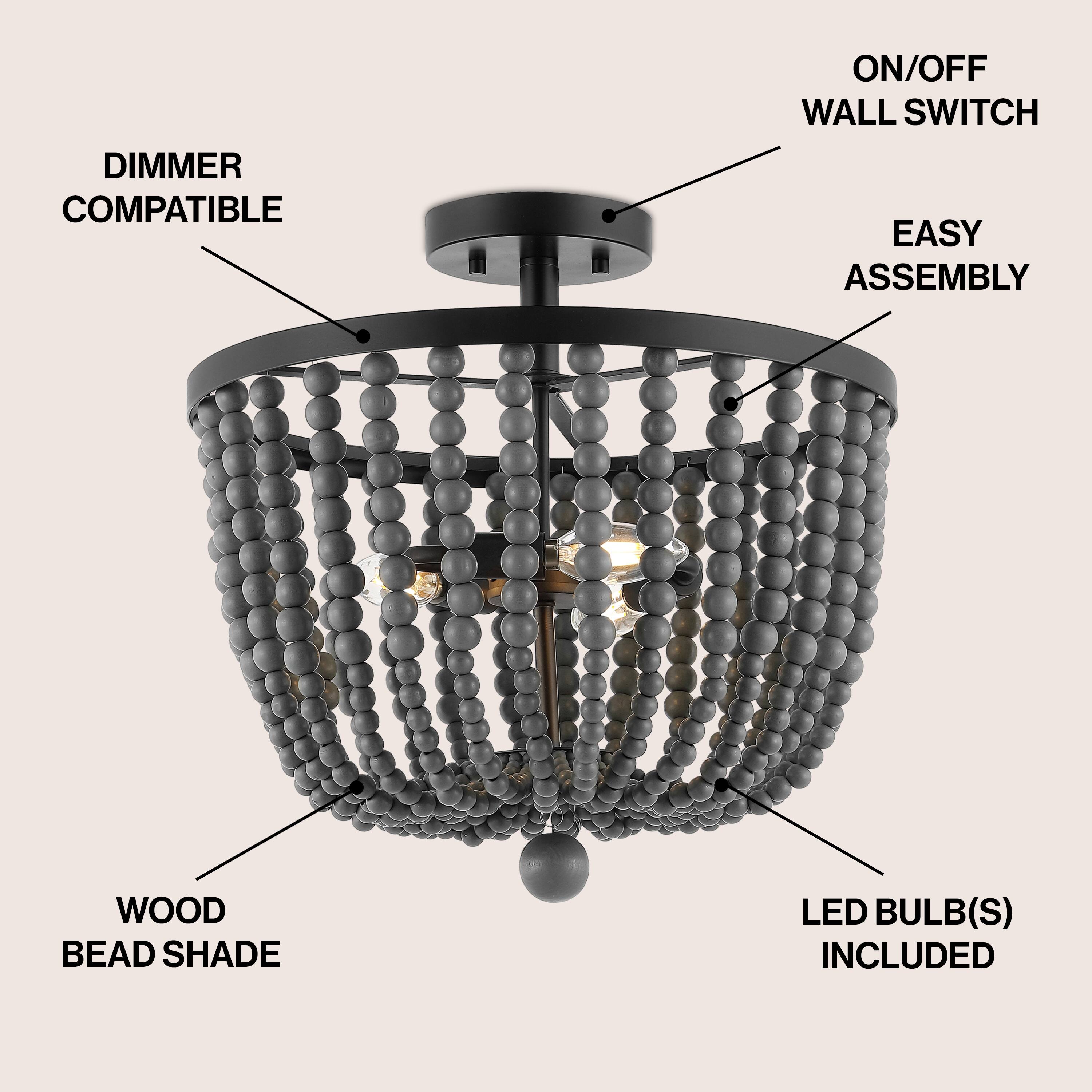 DIMMER COMPATIBLE ON/OFF WALL SWITCH EASY ASSEMBLY WOOD BEAD SHADE LED BULB(S) INCLUDED