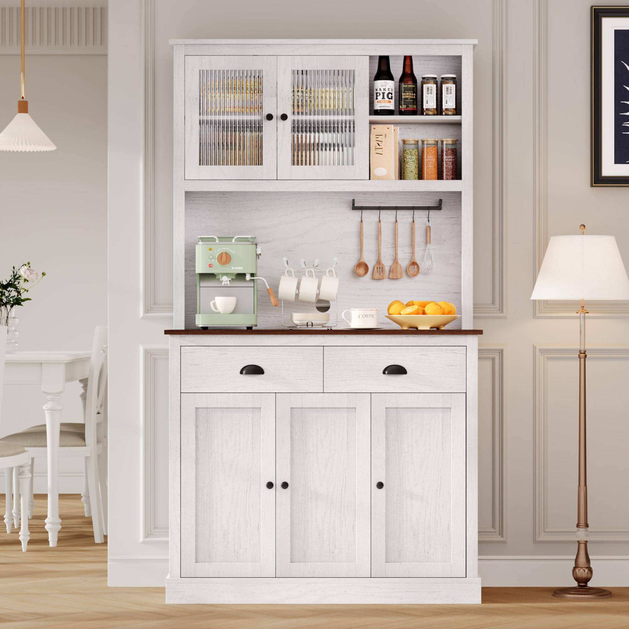 Jojoka - 71" Kitchen Pantry Cabinet with Microwave Stand, 5 Doors & 2 Drawers, Tall Freestanding Storage Hutch - White