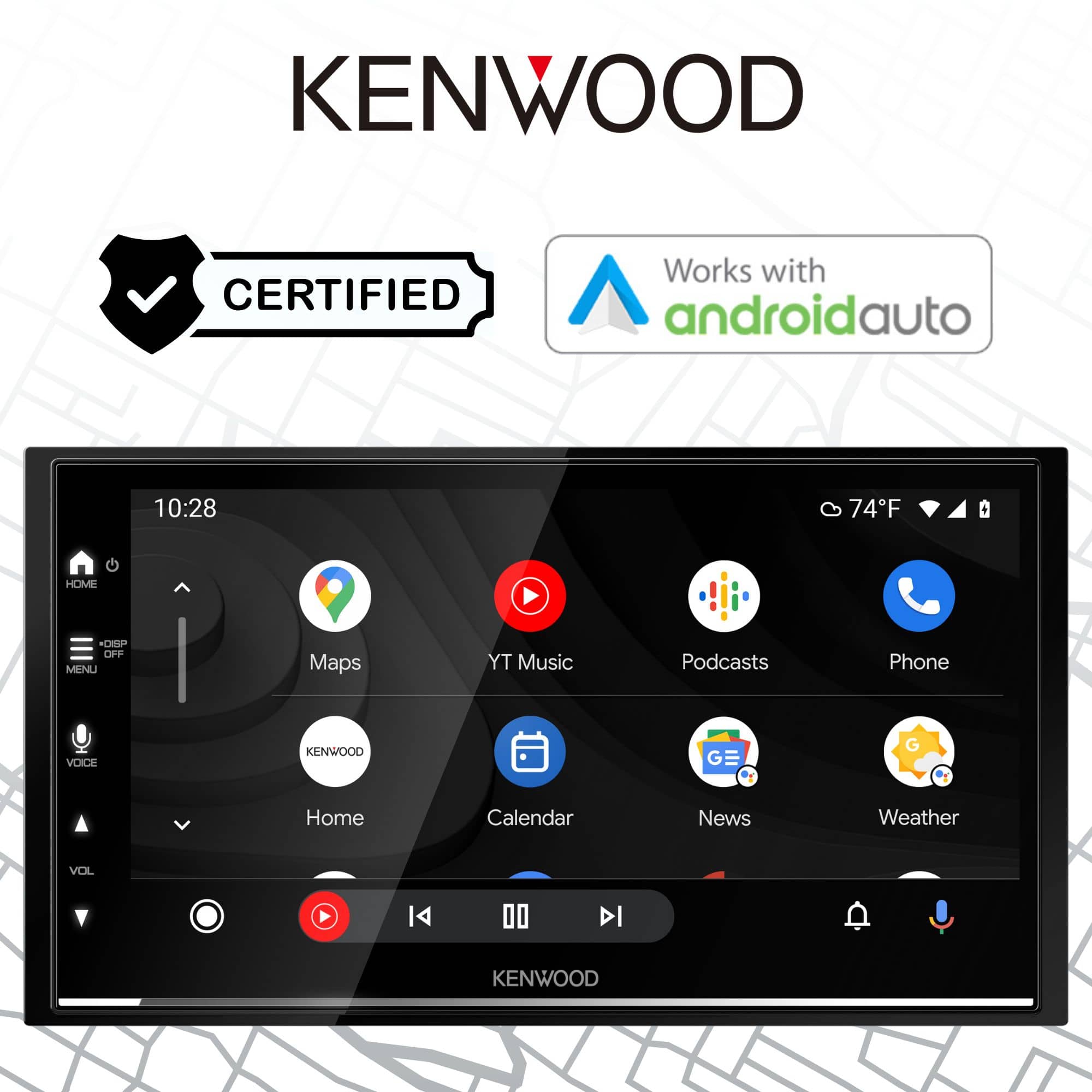 KENWOOD is certified and works with Android Auto. The image features a screen displaying various apps, such as Maps, YT Music, Podcasts, Phone, Voice, Home, Calendar, News, and Weather. The screen is part of a KENWOOD device, which is designed to provide a seamless and user-friendly experience for Android Auto users.