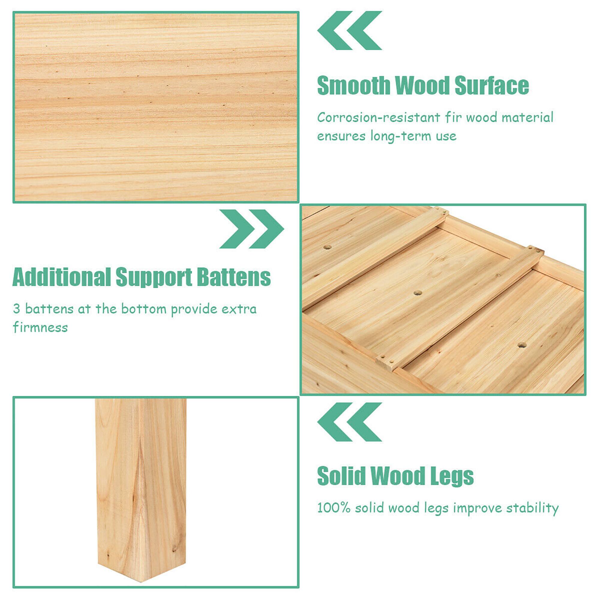 Smooth Wood Surface: Corrosion-resistant fir wood material ensures long-term use.

Additional Support Battens: 3 battens at the bottom provide extra firmness.

Solid Wood Legs: 100% solid wood legs improve stability.