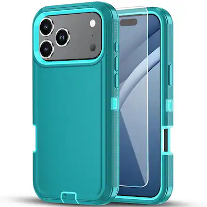 Front. Kitcheniva - Bumper Shockproof Case Plus Tempered Glass For iPhone 17 Pro Max Teal / Blue - Teal/Blue.