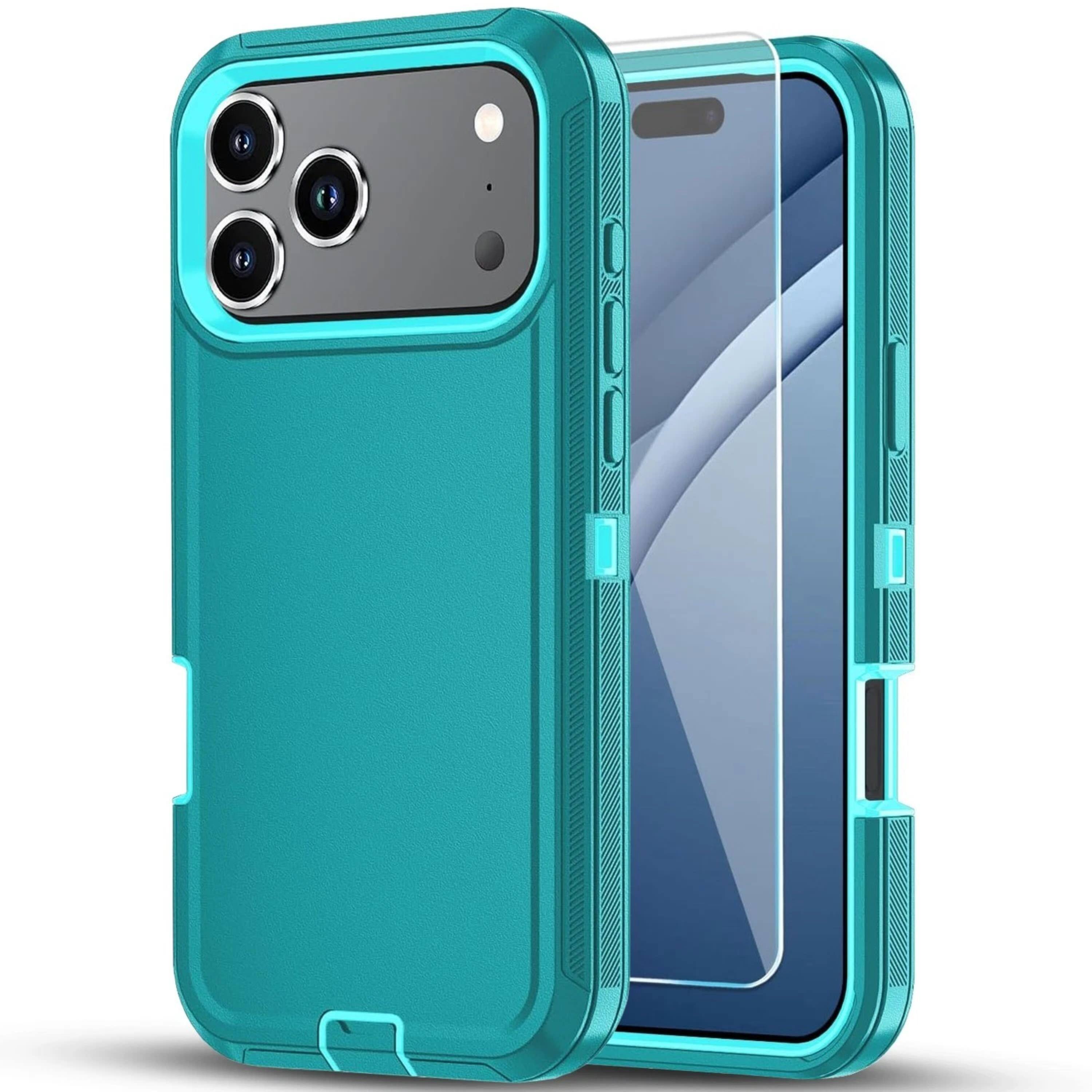 Front. Kitcheniva - Bumper Shockproof Case Plus Tempered Glass For iPhone 17 Pro Max Teal / Blue - Teal/Blue.